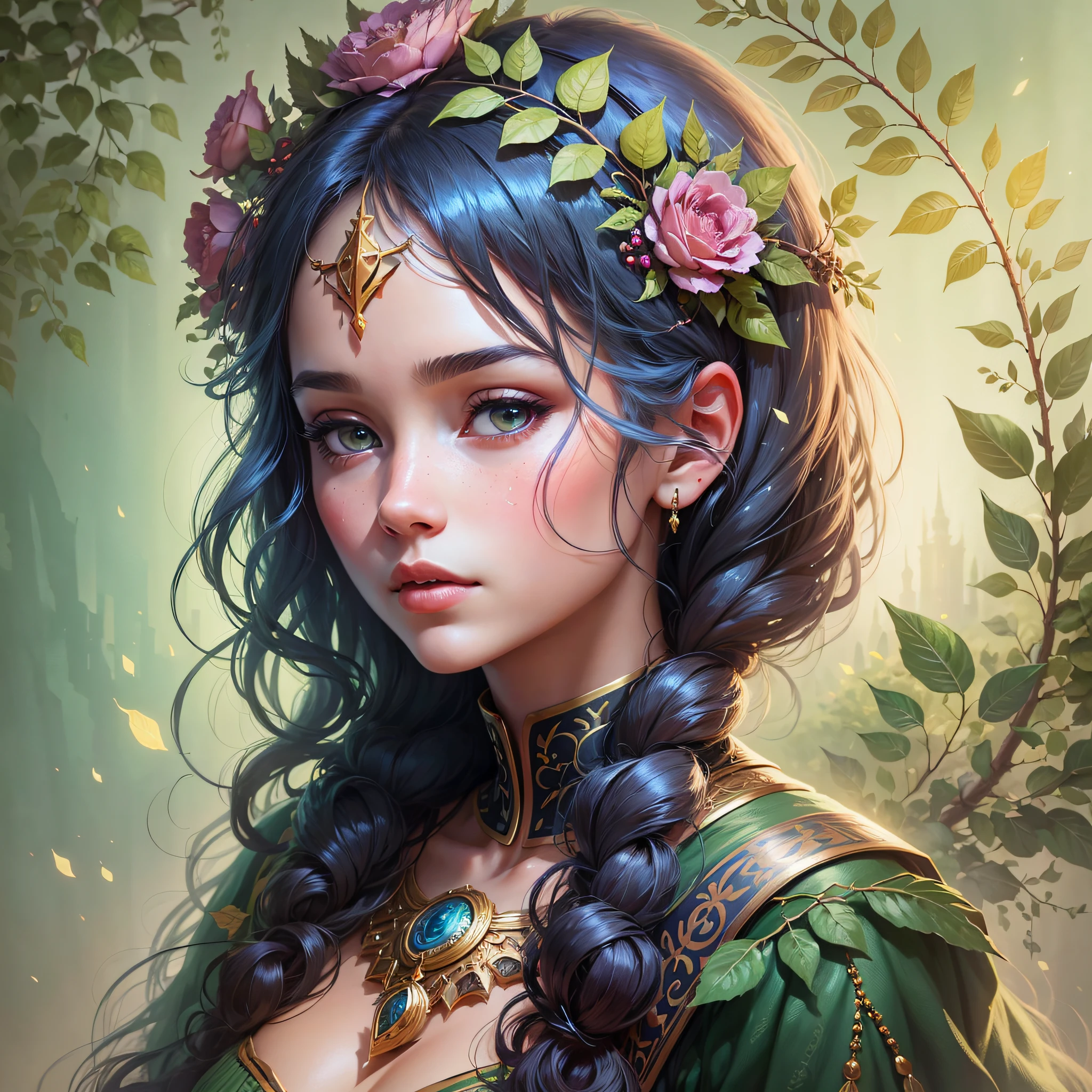 There is a woman with a wreath on her head, HALF-BODY IMAGE, beautiful digital illustration, stunning digital illustration, beautiful art illustration, beautiful UHD 4K art, exquisite digital illustration, beautiful fantasy art portrait, stunning art style --auto --s2