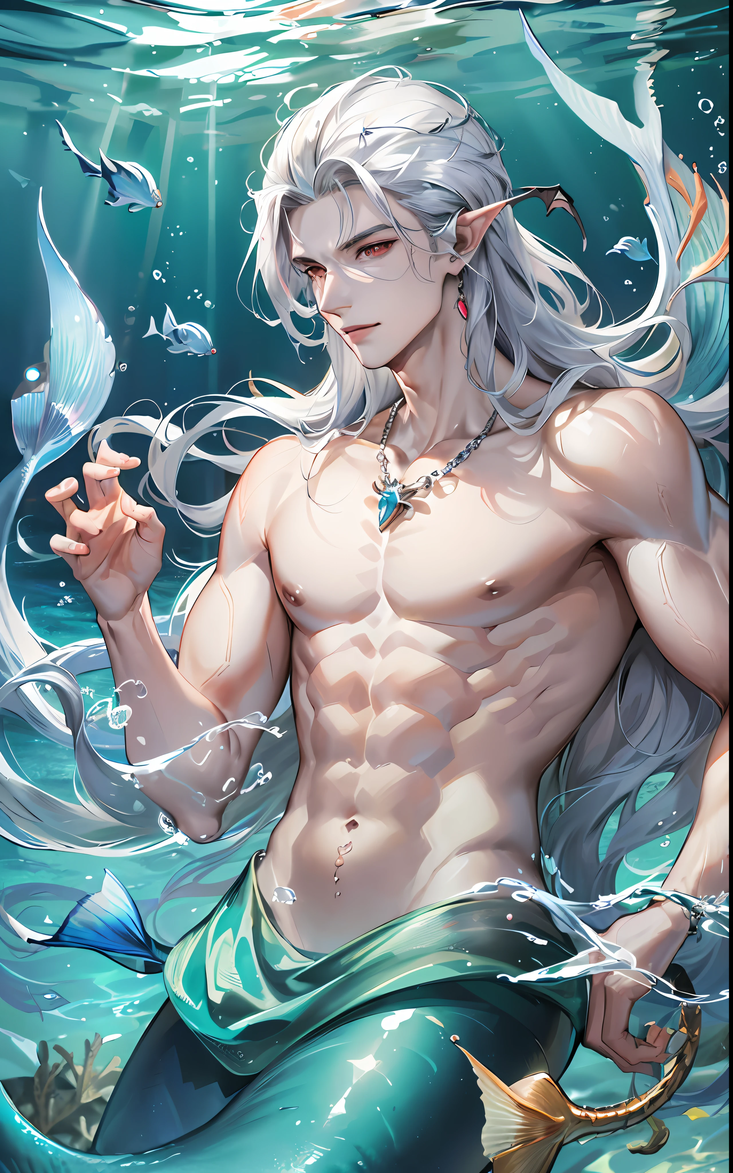man, masculine, masculine face, attractive, muscular, (((1man))), masterpiece, absurdres, best quality ,intricate details , (shiny skin, shiny body, shiny oily luster skin, shiny hair, pale skintone), Sundown, attractive, ((muscular)), adult, one, earrings, Don't look at the view , Not looking at the view, silver hair, braided hair, perfect detailed face, perfect detailed hands, triton, fins, red eyes, triton ears, ((portait)), smirk, marine sea ornaments, ((in the water)), open chest, ((mermaid tail)), no legs, ((diving underwater)), under the sea, fishes, masculine features, masculine face