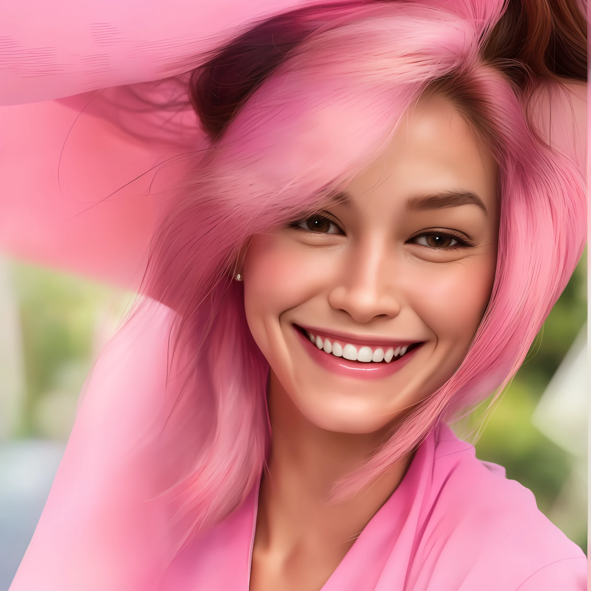 smiling woman in a pink shirt holding her hair up, alanis guillen, charming smile, 30 years old woman, 30 years old woman, by Nándor Katona, she is smiling, beautiful and smiling, with a beautiful smile, in the forest