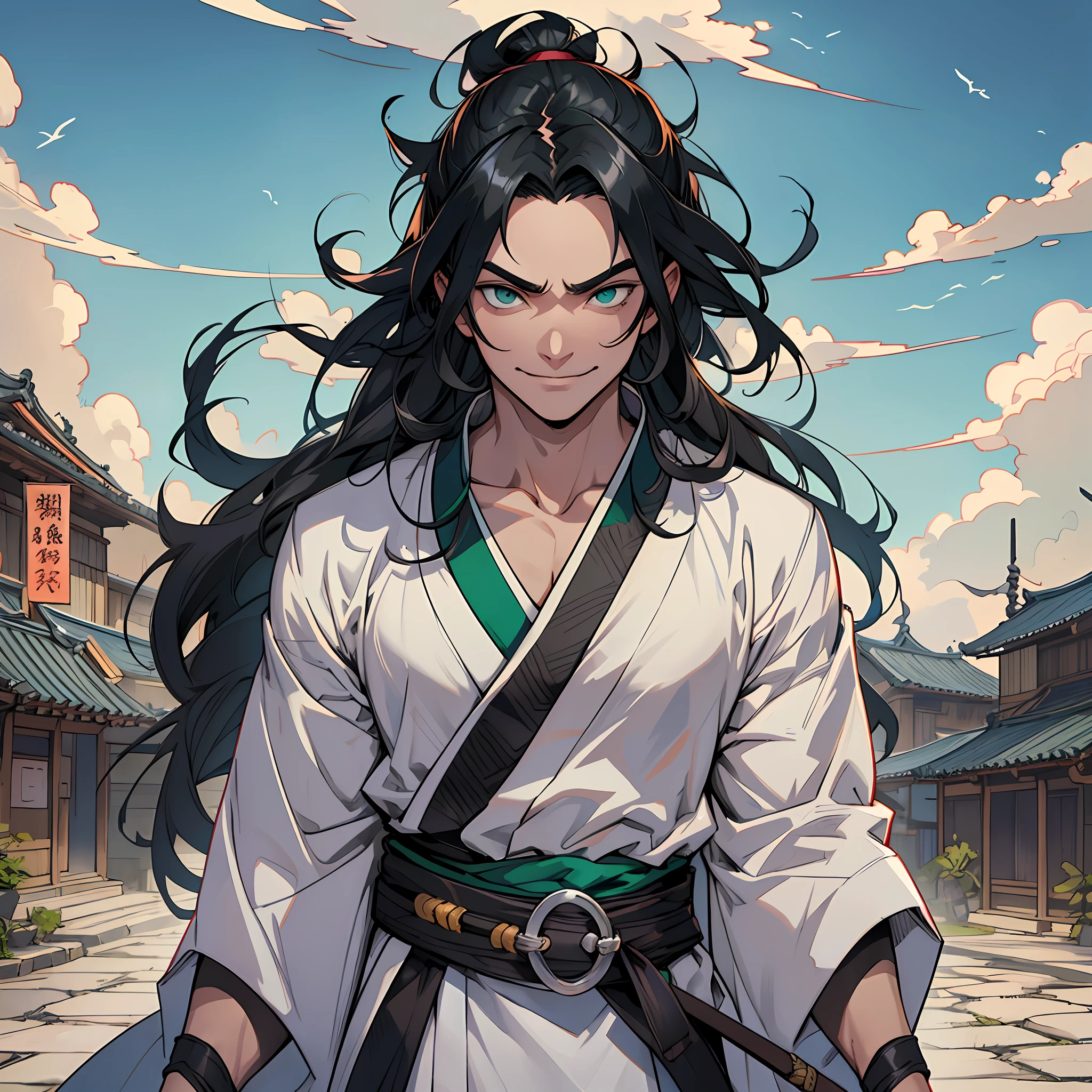 ((best quality)), ((ultradetailed)), ((masterpiece)), best quality (katana: 1.4), serious,(at night: 1.4), a 16-year-old who has his long black hair, which goes up to his waist. Your hair is thick and has a healthy appearance, your hair is long and not stuck, contrasting with your fair skin. The young man's eyes are emerald green, and are deep, expressive, and intense like two clear pearls. They reflect calm and an inquisitive curiosity. He has a big smile on his face and a watchful eye. With his upright posture, the young man shows a confident bearing and a cheerful and hyperactive aura. He wears a white kimono with green clouds, made of a quality fabric. giving him the look of a swordsman. At his waist, he carries a white katana with gray details on the blade. The long, sharp blade is made of polished steel, its coloration is white, and it is reflecting light. He is in an ancient Japanese city.  He has a cheerful face. Kimetsu no Yaiba style, alone, 1boy, demon slayer style, loose hair, petulant look, smiling, confident, only 1, spilled hair, loose and big hair, demon slayer artstyle