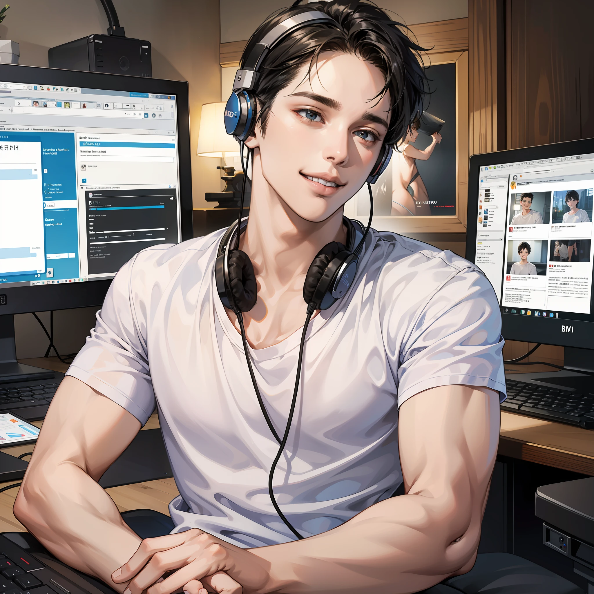 Masterpiece, high quality, best quality, HD, realistic, perfect lighting, detailed body, 1 man, short black hair, white t-shirt, smiling expression, wearing headphones, facing the computer monitor, in the room