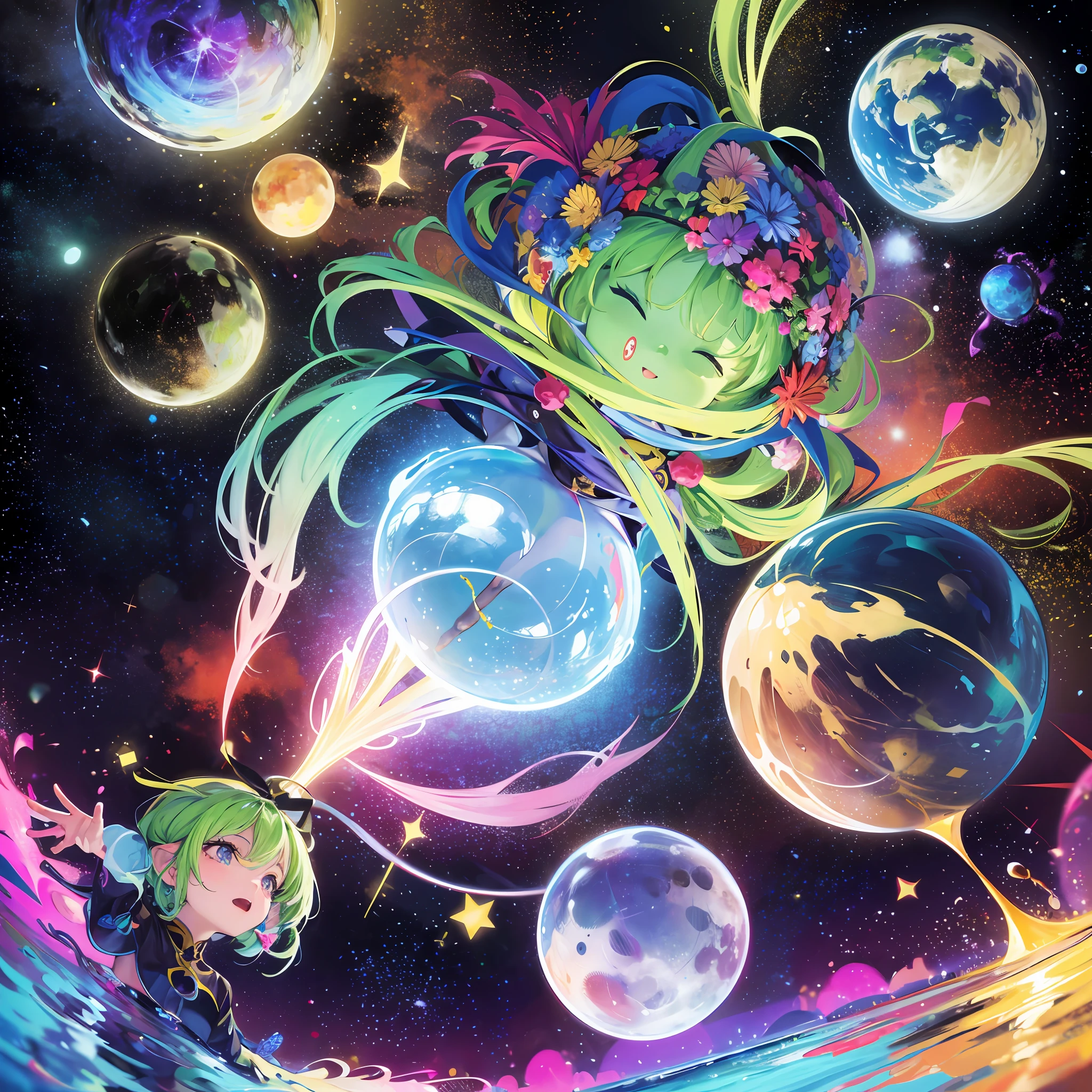 The star lands on a vibrant, colorful planet.
• She meets Rabi, a bouncy, colorful alien.
• Rabi teaches the star about the importance of spreading joy and being different from others. --auto --s2