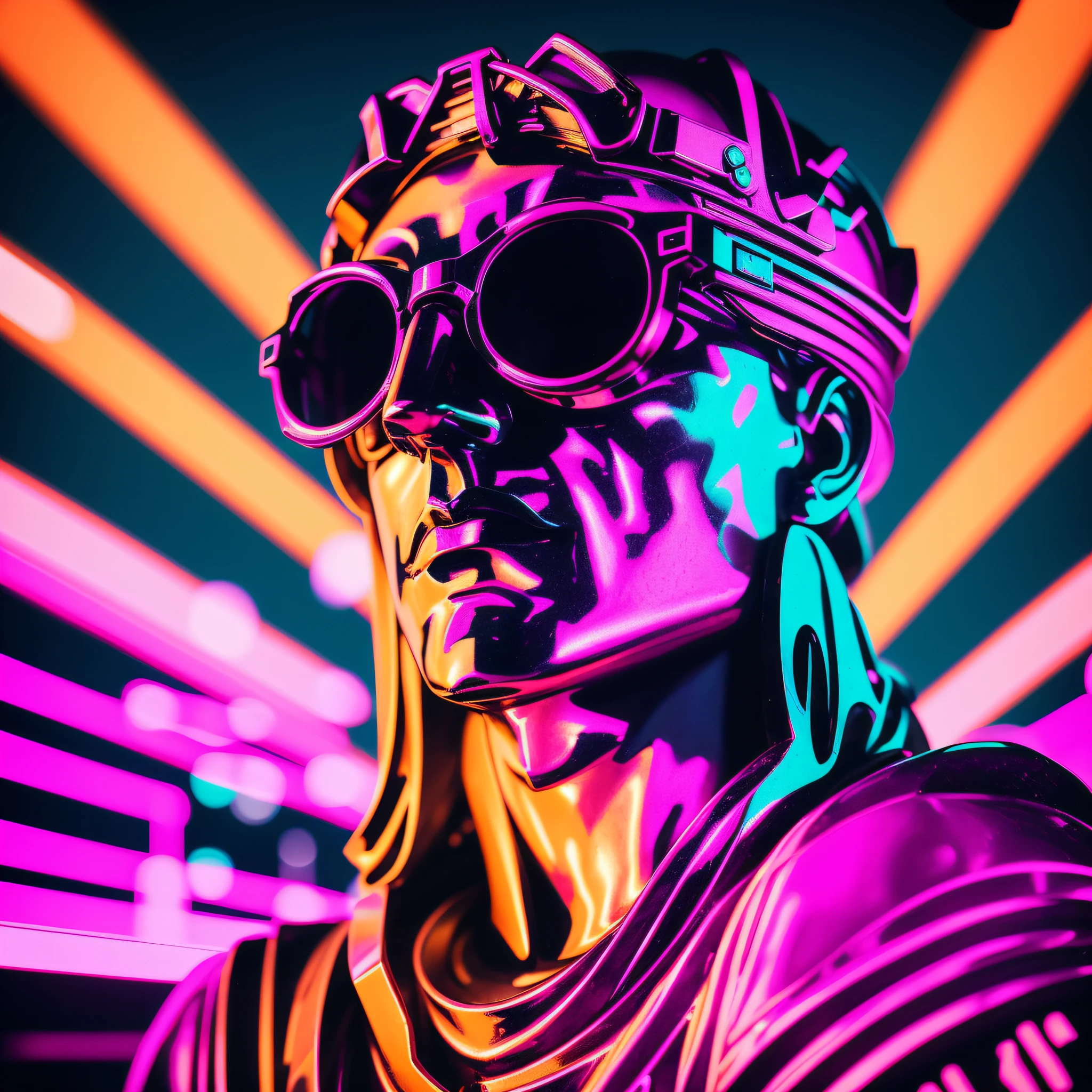 a close up of a statue with sunglasses on it, baroque vaporwave statue, neon roman, vaporwave style masterpiece, maximalist vaporwave, cyberpunk vaporwave, inspired by Mike Winkelmann, vaporwave sci - fi, synthwave art style, synthwave art, vaporwave lighting style, synthwave neon retrofuturism, vaporwave art, cyberpunk statue
