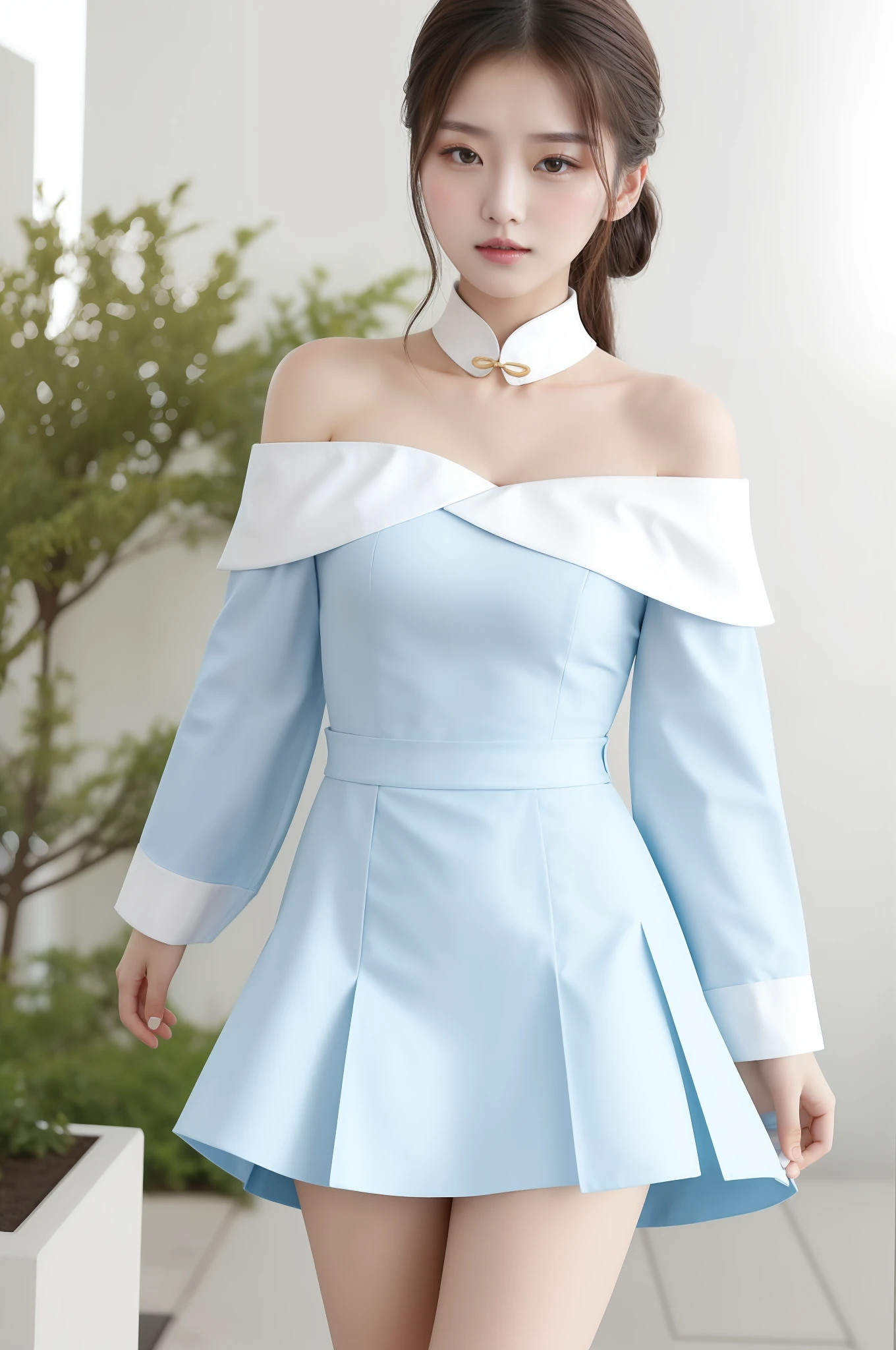 Fashion trendy beautiful and charming woman, gentle and charming Chinese beautiful woman, Korean(kpop-idol), delicate and sexy collarbone, charming oval face, double eyelids, smart peach blossom eyes, pink lips, small nose, bare shoulders, focus on the face, close-up of the face, Ultra-high-definition, super-detailed, the ((loose)), white off-the-shoulder shirt perfectly echoes the light blue high slit miniskirt, fresh and impressive, Natural(medium breasts:1.25), (nsfw:1.2)
