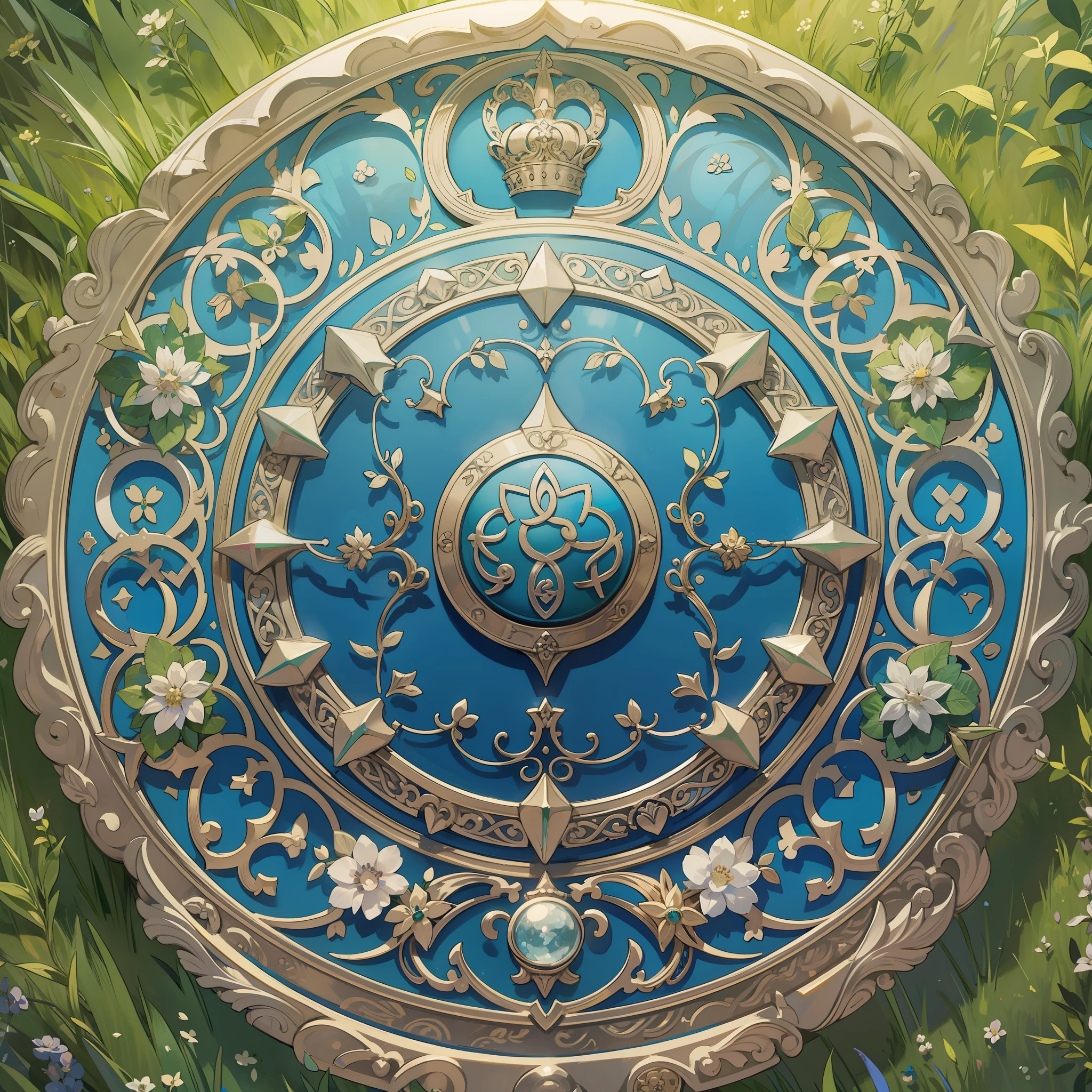(Best quality) A Celtic style silver badge, no figures, Celtic motif in the center of the coat of arms, positive perspective, pencil single pigment drawing, exquisite details, --s2