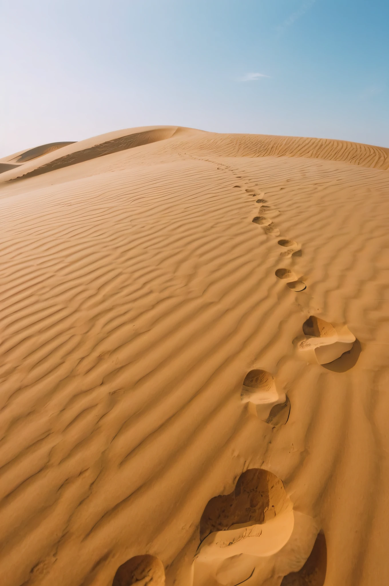 footprints in the sand of a desert with a blue sky, walking over sand dunes, walking in the desert, footprints in the sand, deep golden sand desert, footprints, desert photography, wandering the desert landscape, sand desert, desert dunes, sand dunes, dunes, background sand dunes, harmony of desert, dune, sand and desert environment, dune style, in desert --auto --s2