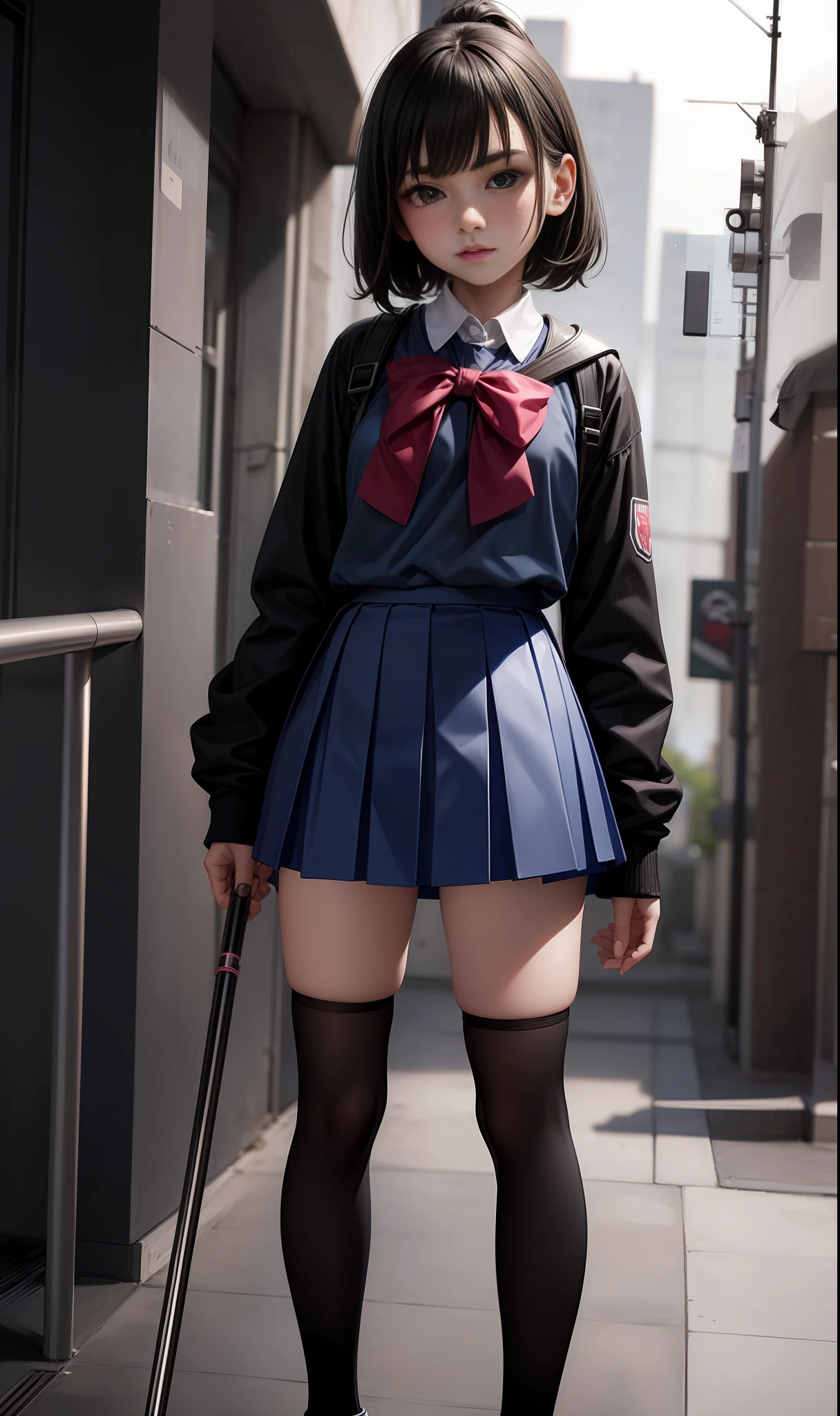 1girl, Walter Jr., Gijinka, anime middle school uniform, young, short, blush, crutches, short skirt, stockings. (masterpiece:1.2), (best quality:1.3), (aesthetic face).