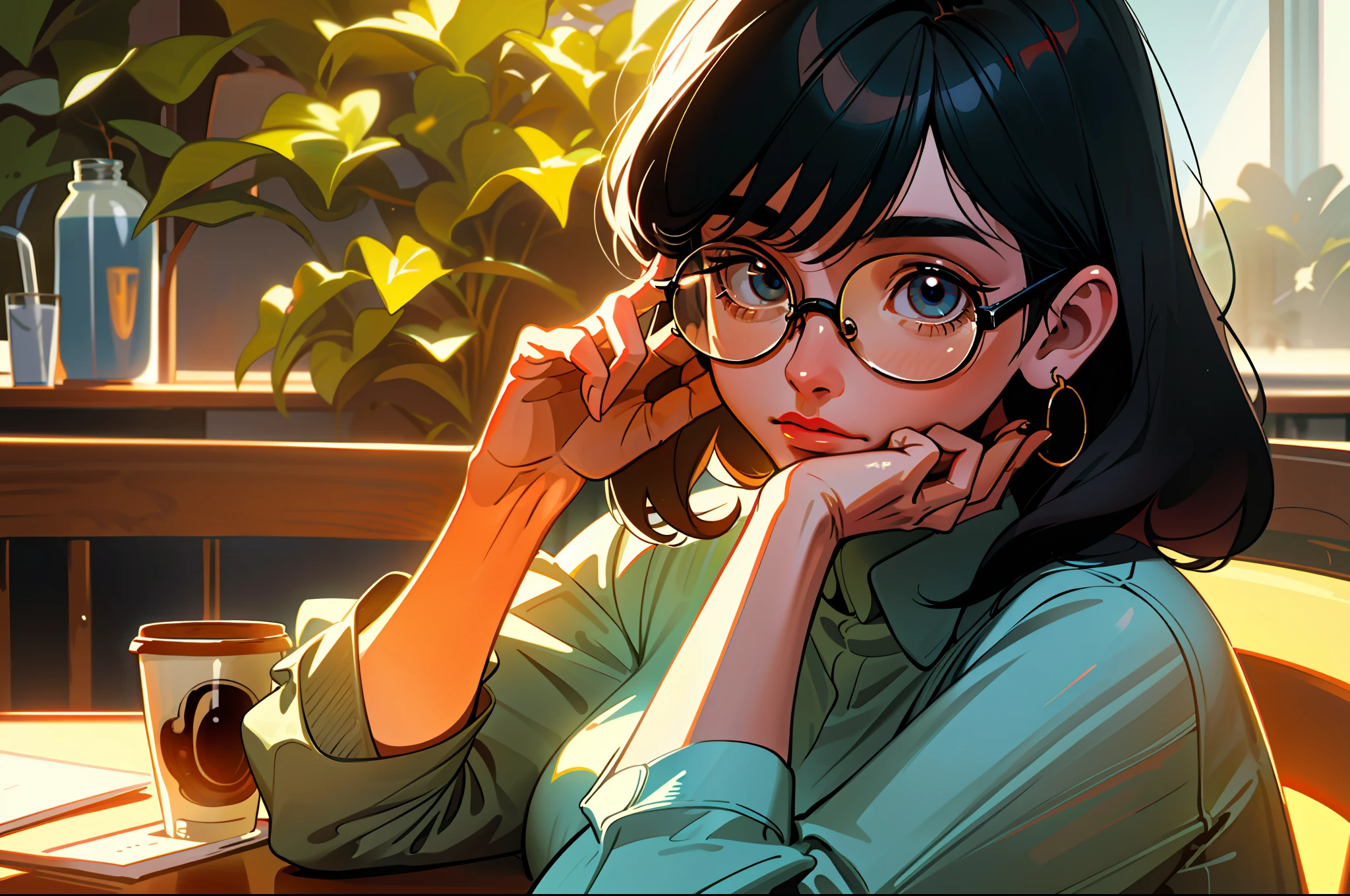 realistic, mature woman, black hair, eyeglasses, oval glasses, coffee cup on table, ambient light, cafeteria, bright eyes, realistic details, upper body, detailed hands, sunlight passing through cafeteria window