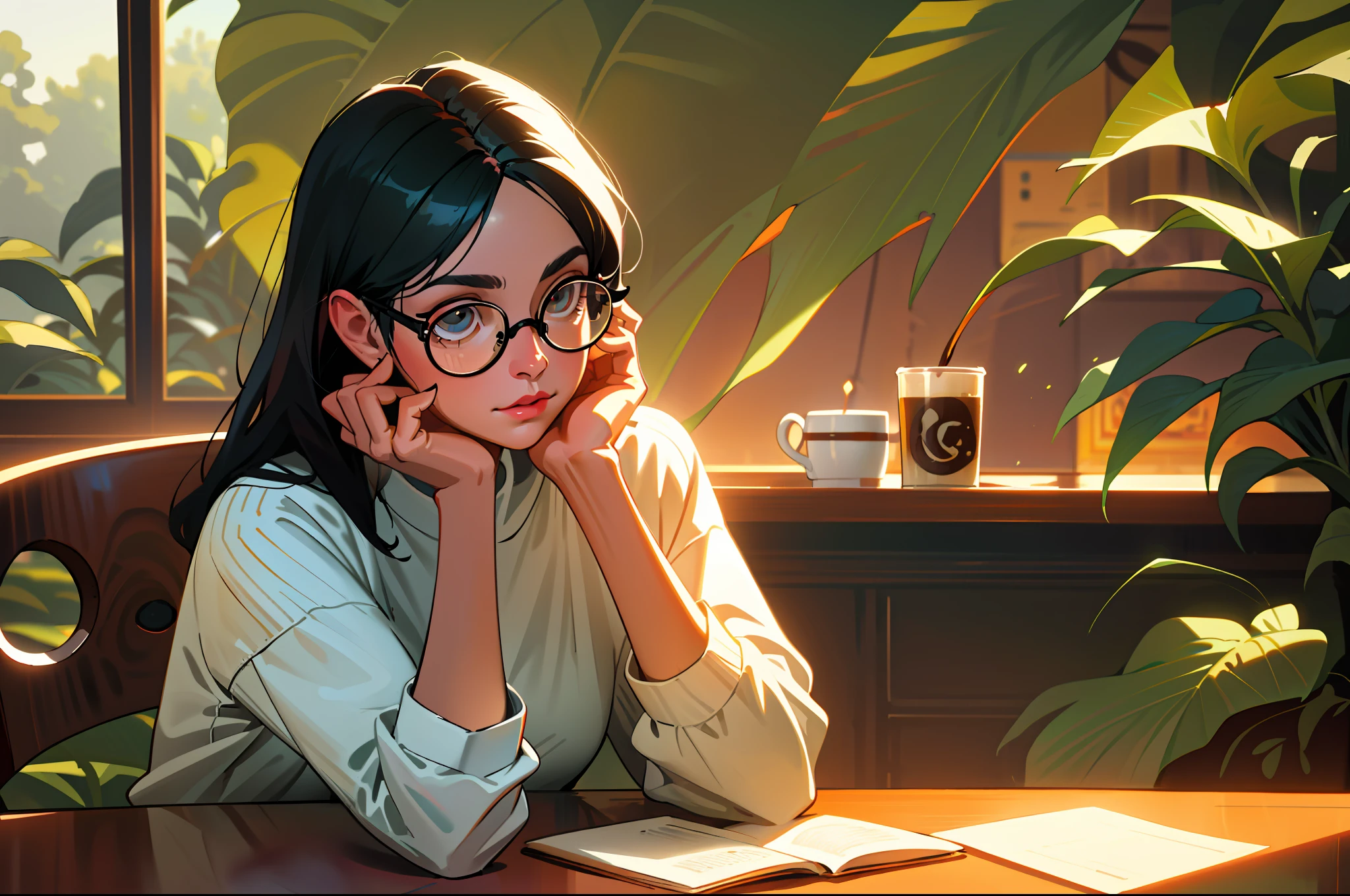 realistic, mature woman, black hair, eyeglasses, oval glasses, coffee cup on table, ambient light, cafeteria, bright eyes, realistic details, upper body, detailed hands, sunlight passing through cafeteria window