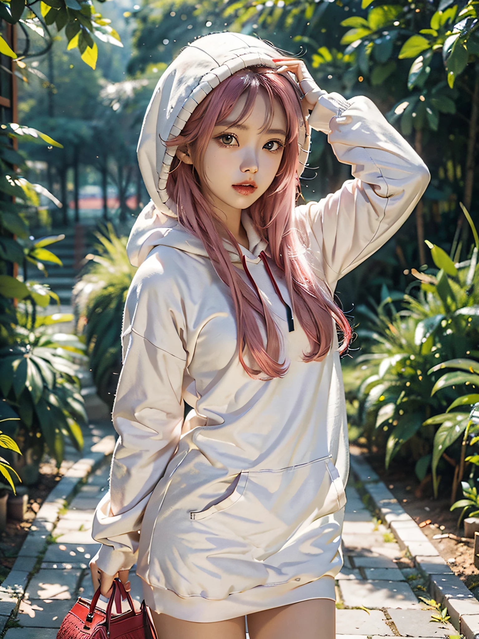 Upper body of a teen chinese girl, natural lighting, detailed feature, CG, global illumination, random pose, 4k, cinematic, full body, random pose,high quality, best quality, 4k, 8k, single, oversiezed cloth, cloth on, looking at viewer, clear feature, random strawberry logo on the cloth, pink long hair, pink hair, cloth on, hoodie, long white stocking,