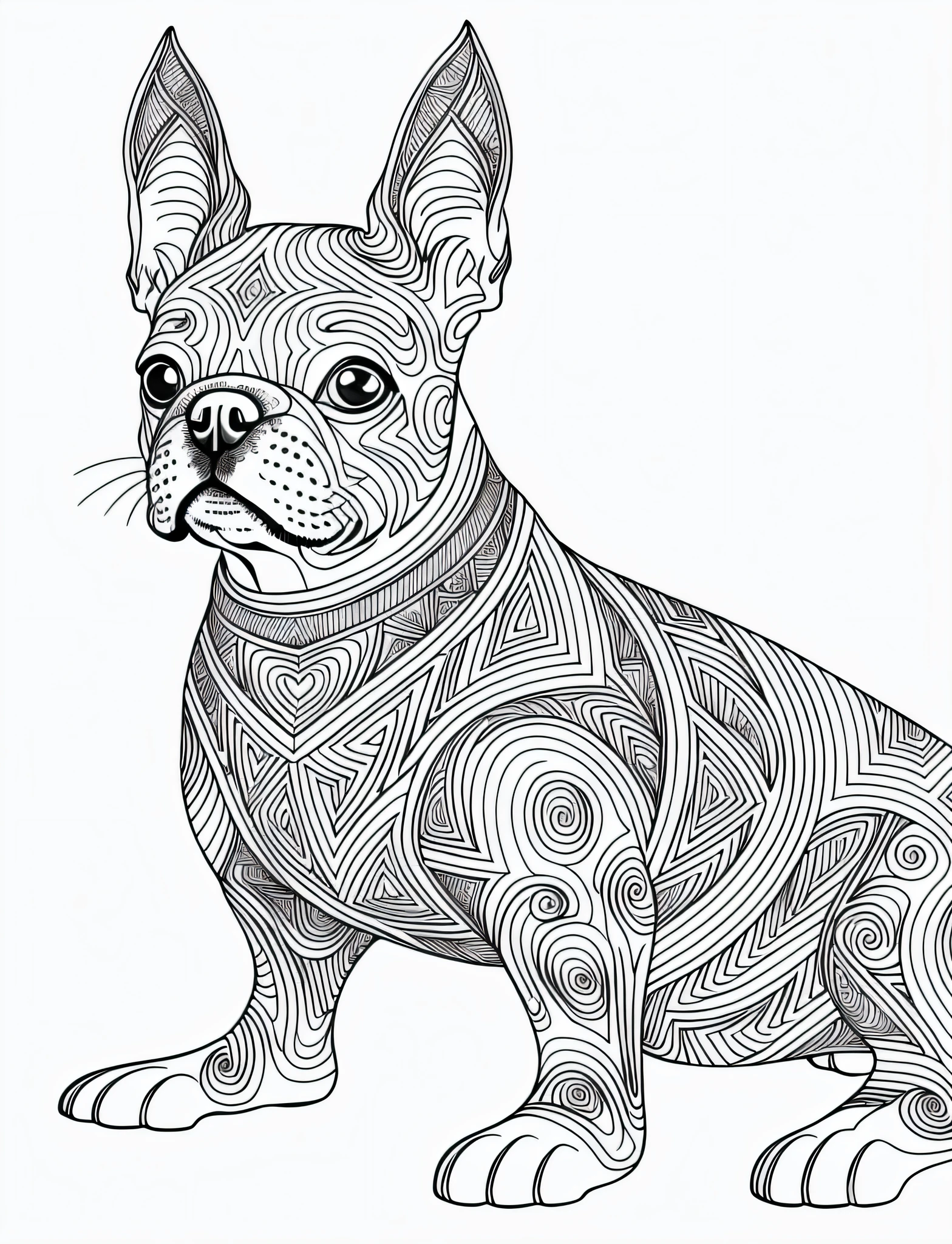 a Boston Terrier style dog, fantasy, magical, mandala, happy, black and white, wavy lines, realistic line art drawing, coloring book page, no noise, sharp thick lines, contour art, centered image, isolated on a white background