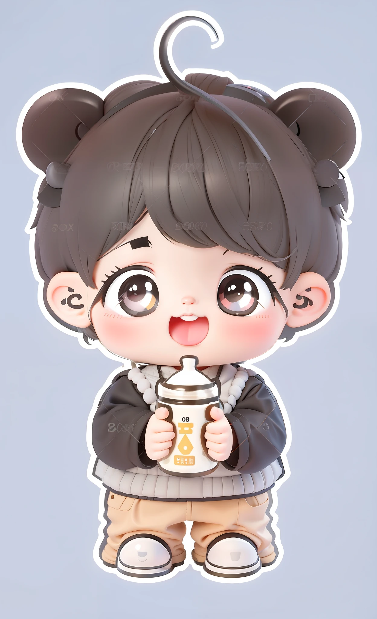 cartoon boy with a  milk bottle on hand, in light grey sweater with black sleeves, has panda ear on the head, kawaii realistic portrait, cute art style, cute character, cute cartoon character, watermark:-1, fullbody commission for, chibi, cartoonish cute, cute detailed digital art, jungkook, advanced digital chibi art, cute digital art, full body portrait of a short!, !!full body portrait!!