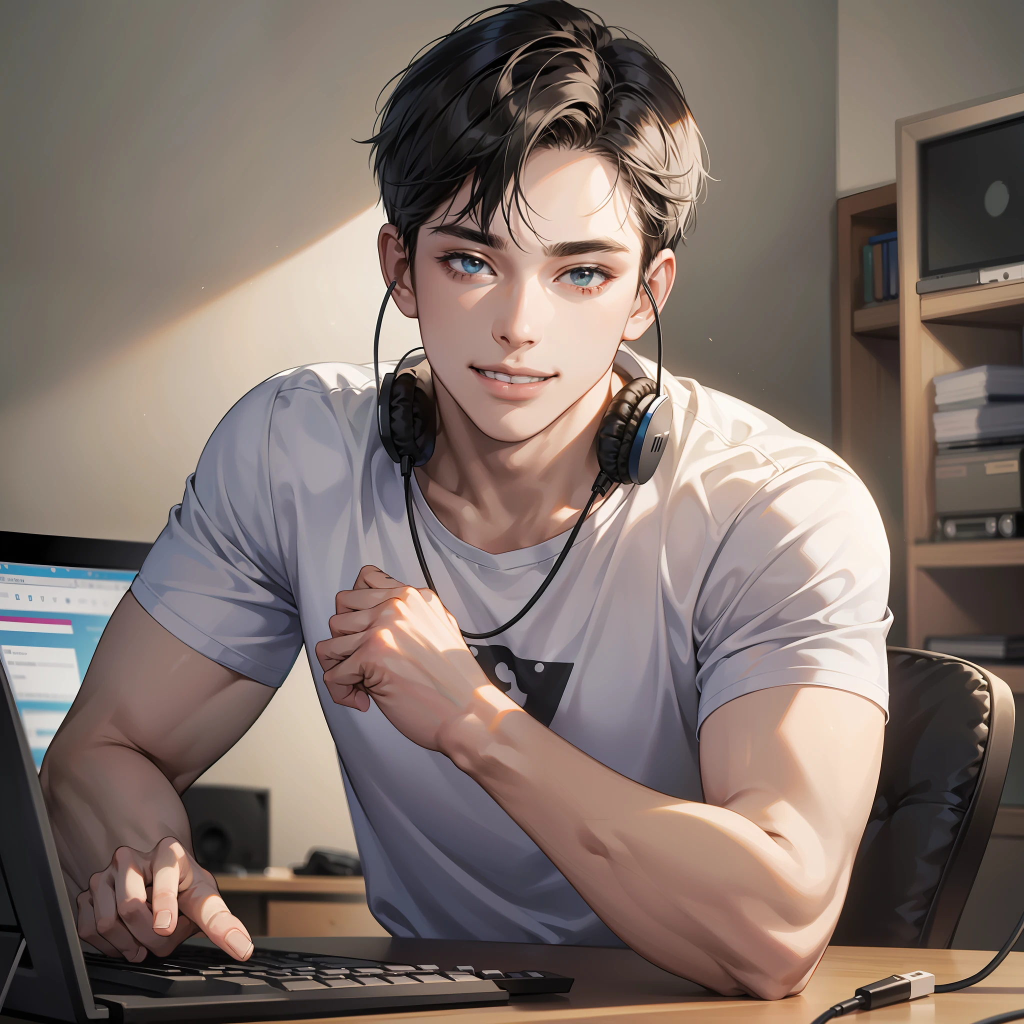 Masterpiece, high quality, best quality, HD, realistic, perfect lighting, detailed body, 1 man, short black hair, white t-shirt, smiling expression, wearing headphones, facing the computer monitor, in the room