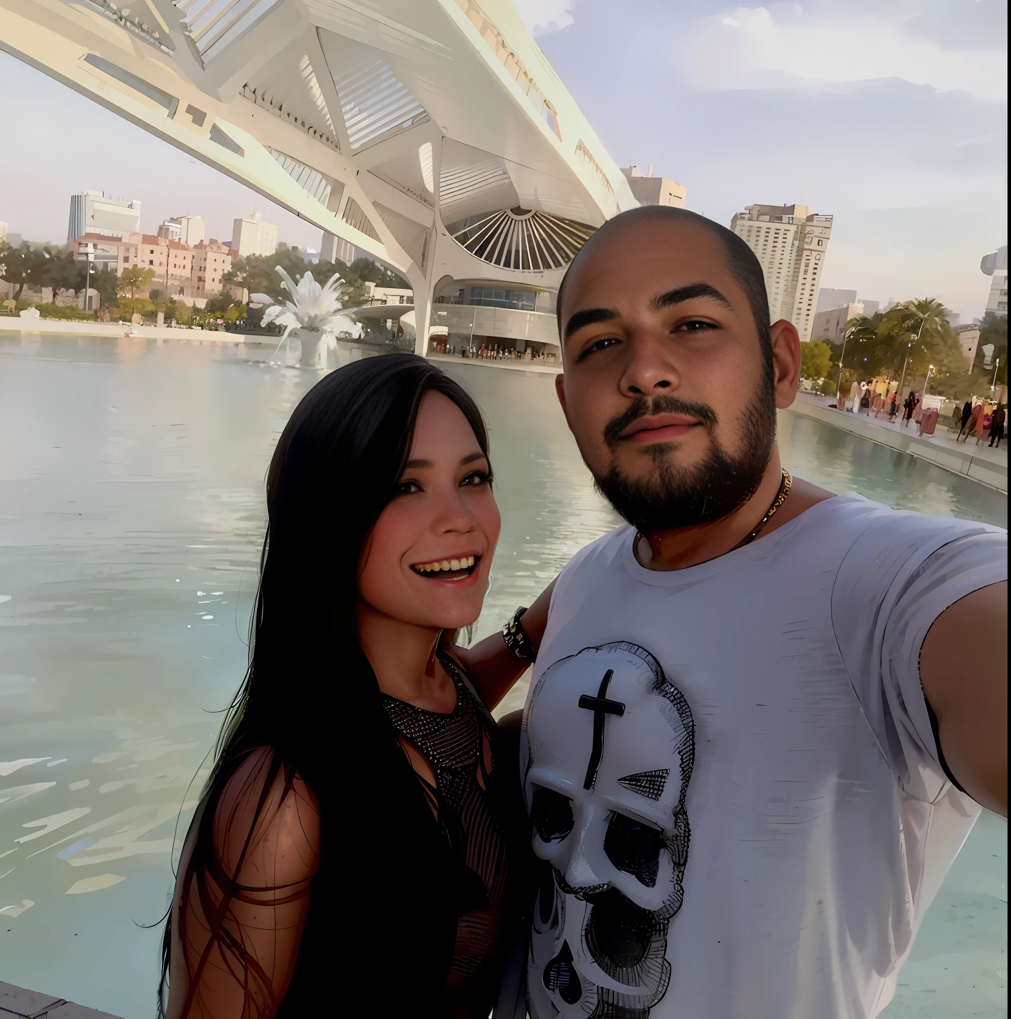 there is a man and woman taking a selfie in front of a fountain, couple, fotografia, photo taken in 2 0 2 0, 8k selfie photograph, in marijuanas gardens, by Ric Estrada, jose miguel roman frances, connected with hanging bridge!!, foto, 30-year-old woman from cuba, tyler edlin and natasha tan