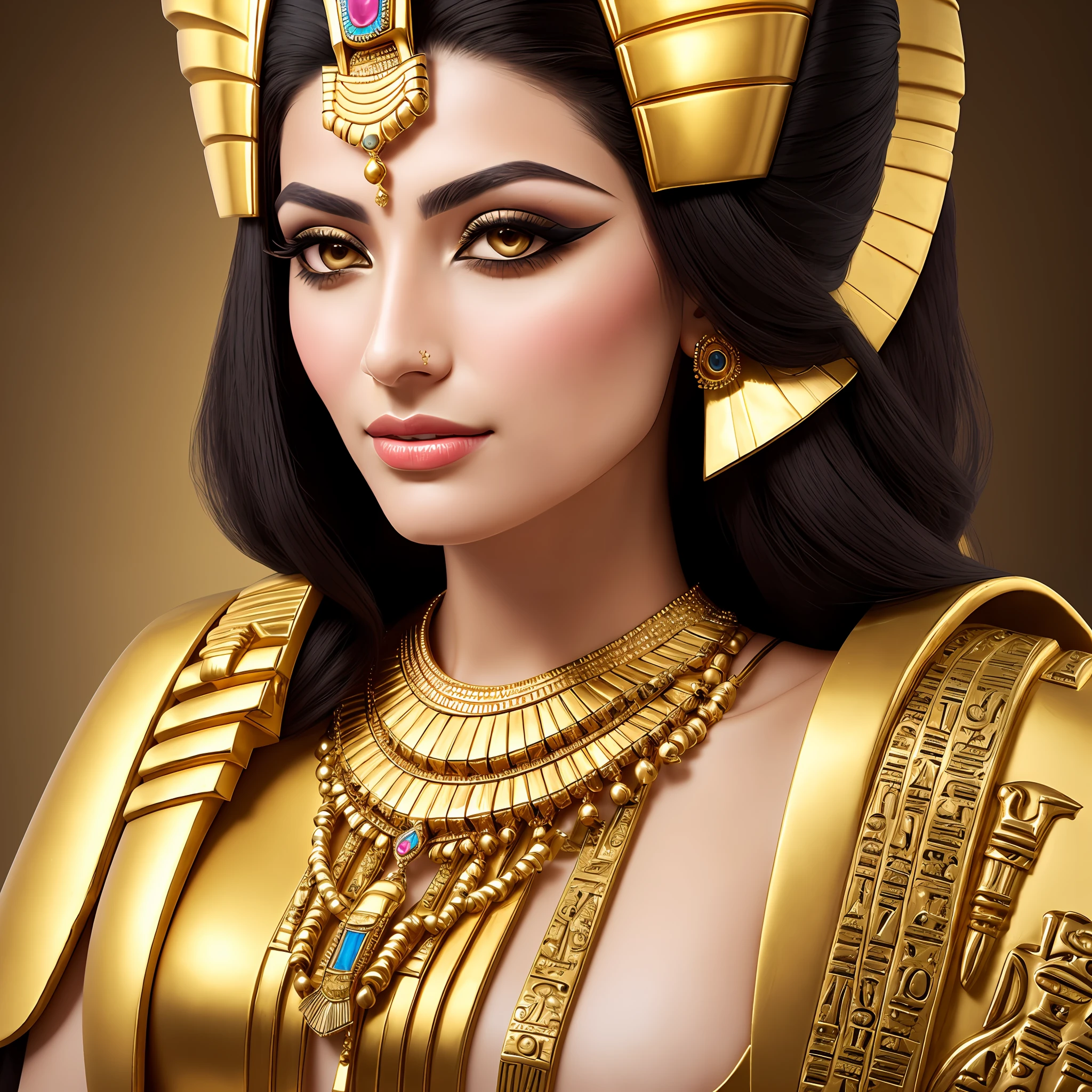 [(Egyptian lady), pharaoh crown, portrait, detailed and realistic, beautiful face, dark hair, (eye makeup: 1.2), (golden jewelry: 1.3), (sensual lips), (enigmatic expression), shadow and light contrast, neutral background: 0.5, elegant and detailed clothes: last dynasty)]: 0. 7