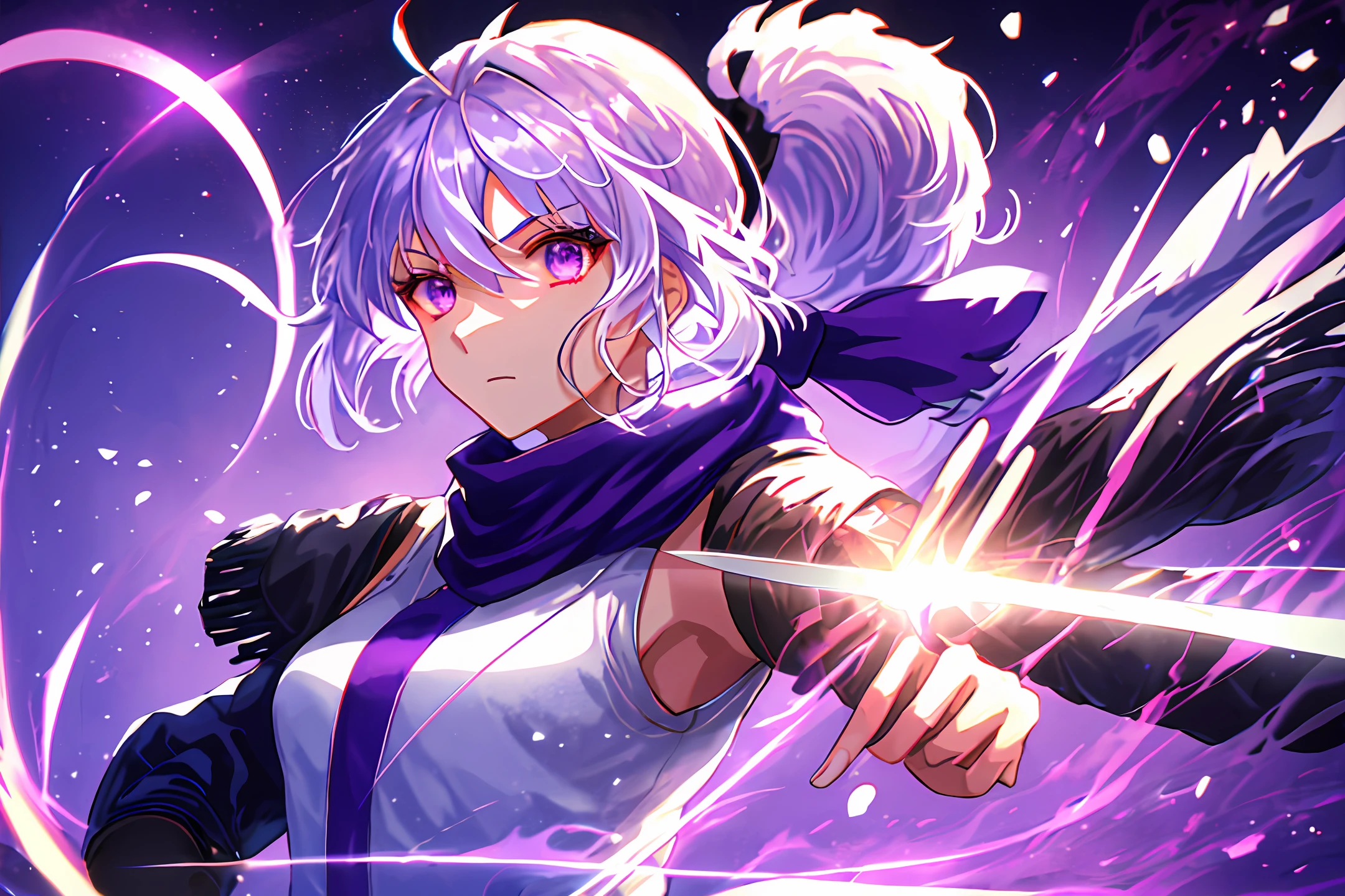 upper body, 1girl, white hair, ponytail, purple eyes, (ninja), short sword, medium breats ,scarf, wallpaper, magic circle background, light particles, blue fire,