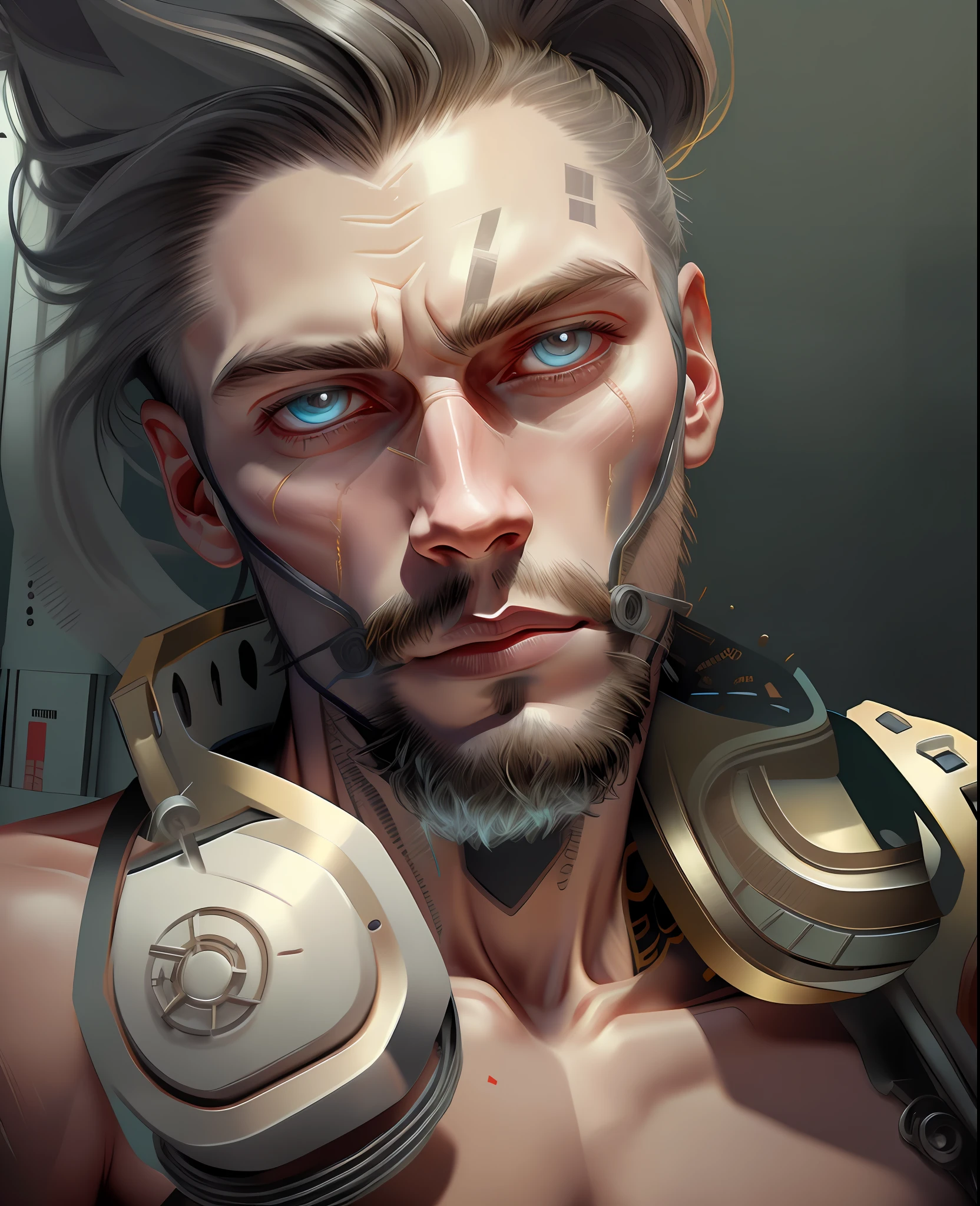 A cybernetic viking man in the range of 27 years old, barbaric muscular stereotype, with Viking wolf fur coat (Viking mechanical parts: 1.5), fighting, bright neon eyes, Nordic hair, tight supersuit torn, in a destroyed city, smoke and fire, aura of brilliant power, dynamic pose, dynamic vision, hyper detailed, quality 8k, with tattoo on the arm, Clock of thorns on the chest and on the headset, merge, hyper realism, with thorns crest viking.Com gray goatee and gray hair, blood dripping down the face. Neo bright, neo lights on the phone, scar on the face