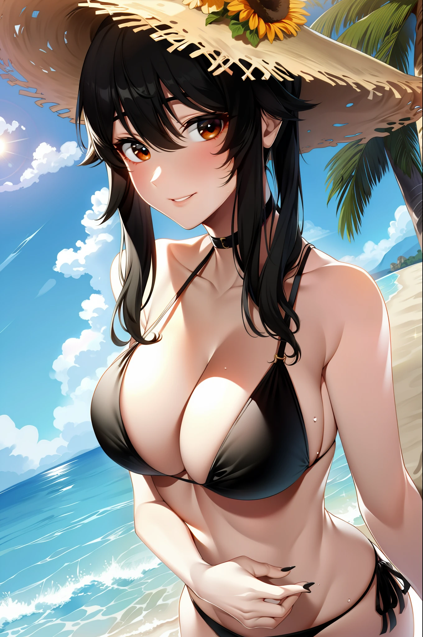 (masterpiece:1.2, best quality), 1lady, solo, upper body, chobi, large breasts, black bikini, black fingernails, beach, outside, water, sun, sand