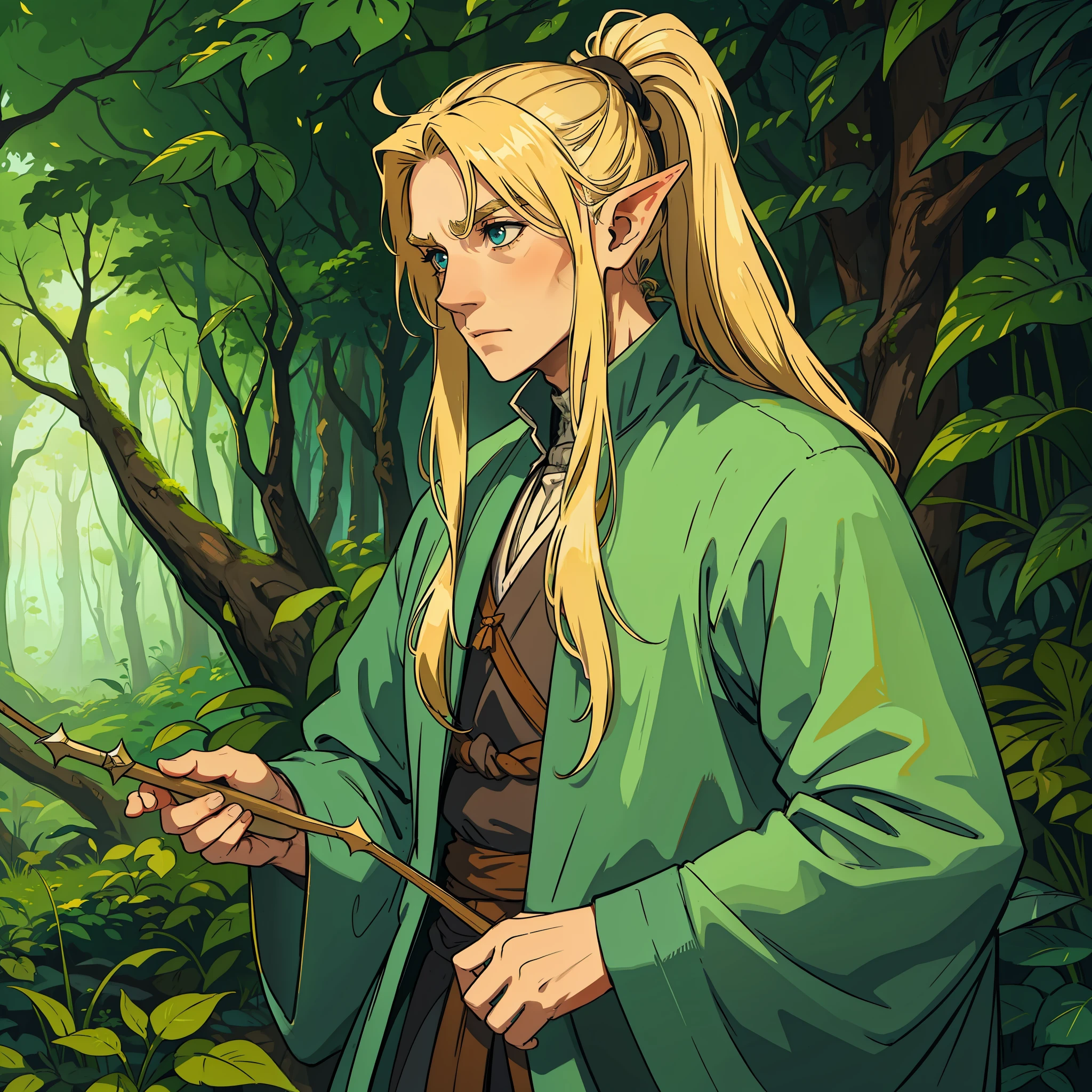 A man with long blond hair, with his hair tied up in a ponytail style, this man has Elf ears and wears simple medieval clothes, a costume of a plant expert, magical plant clothes, this man stands next to a giant carnivorous plant in the middle of a magical forest.
