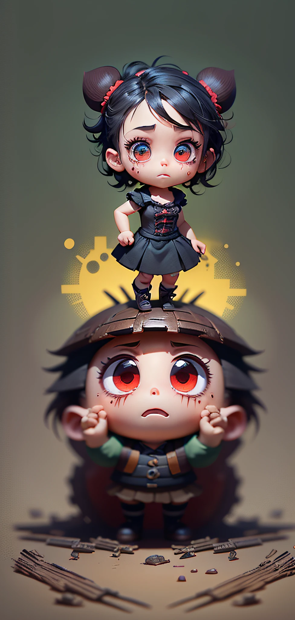 Blurry background, dark background, Horror, Disney, Venellope style Wreck-It Ralph, cute, small, very short, terror, blood --auto --s2