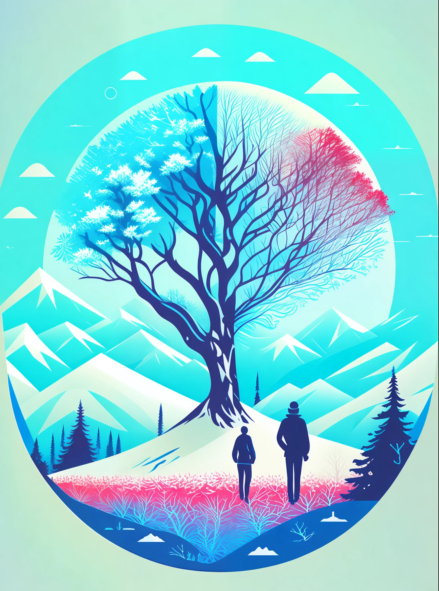 a spruice tree in a winter landscape, tshirt design, rzminjourney, vector-art