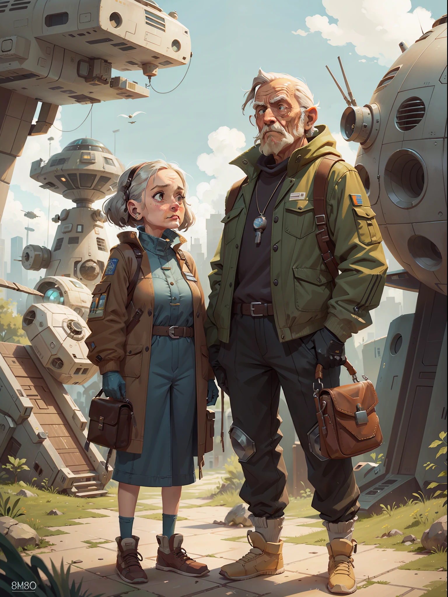 futuristic Old man and woman standing next to each other Infront of the Old tech spaceship ,dramatic background , full body, sharp focus, super details, 8K, detailed face
