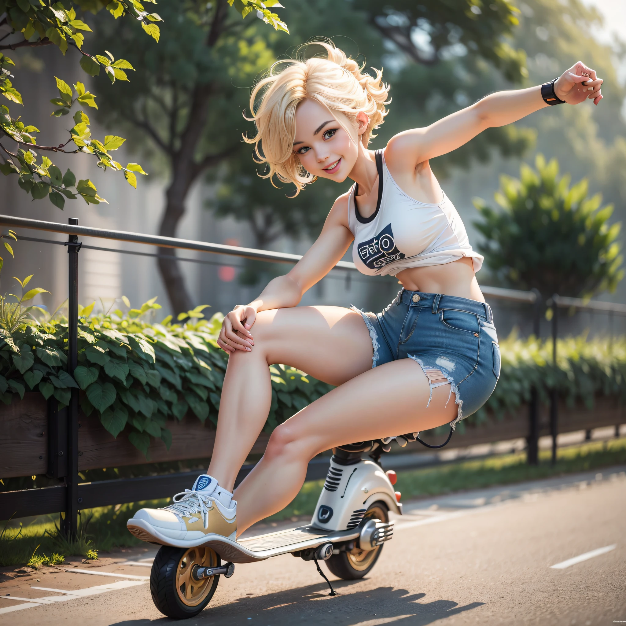 {masterpiece, best quality, extremely detailed CG, unity 8k wallpaper, cinematic lighting}}. design art, A seaside park, 1 girl, full body, A beautiful girl running on an electric scooter, She is stunningly cute, with a smile, short bob hairstyle in golden blonde, blue eyes, double eyelids, long eyelashes, long limbs, She is wearing a white tank top, distressed denim shorts, and white low-cut basketball shoes. Striking an active pose.