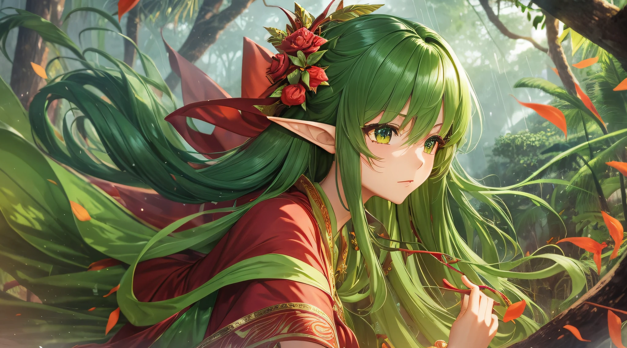 Deep in the jungle, the wind is fierce, lightning and thunder, an anime girl dressed in red and gauzed, green silk shawl, gorgeous and lazy, in the evening breeze, green silk wind dance, gauze skirts are stacked in the gallop and rolled, flying wantonly, like a flame elf, and like a seductive fairy. --auto --s2