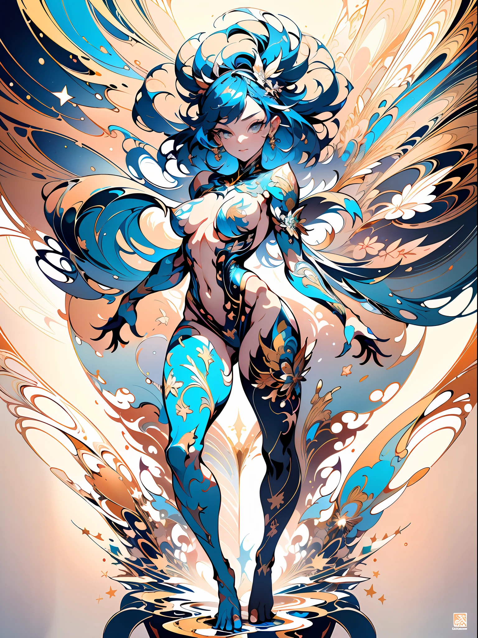 absurd, highres, ultra detailed, (ultra-detailed background, detailed background), (((full body)))), extremely detailed, naked warrior woman, naked, naked, paint running down the naked body, body covered by detailed painting, (((adult woman))), perfect adult face, 35 years, (zentangle:1.2), (geometric:1.2), colorful, full body naked, sexy pose, no clothes, dragon tattoo, stars, nude, muscular, perfect body, vietnamese ornaments, Colorful