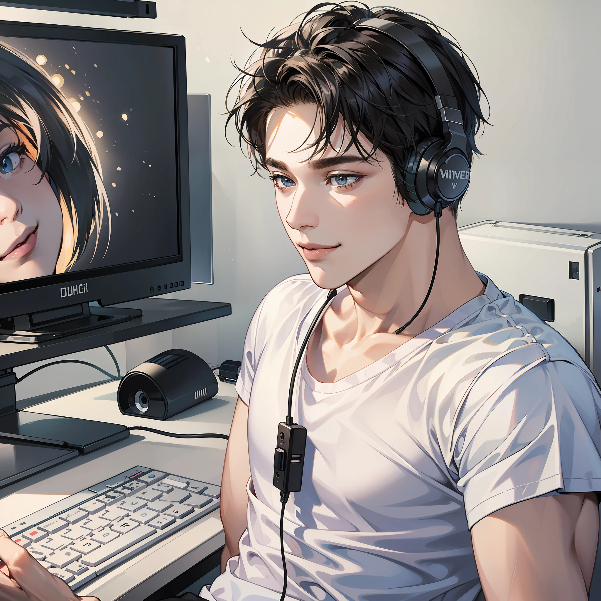 Masterpiece, high quality, best quality, HD, realistic, perfect lighting, detailed body, 1 man, short black hair, white t-shirt, smiling expression, wearing headphones, facing the computer monitor, in the room