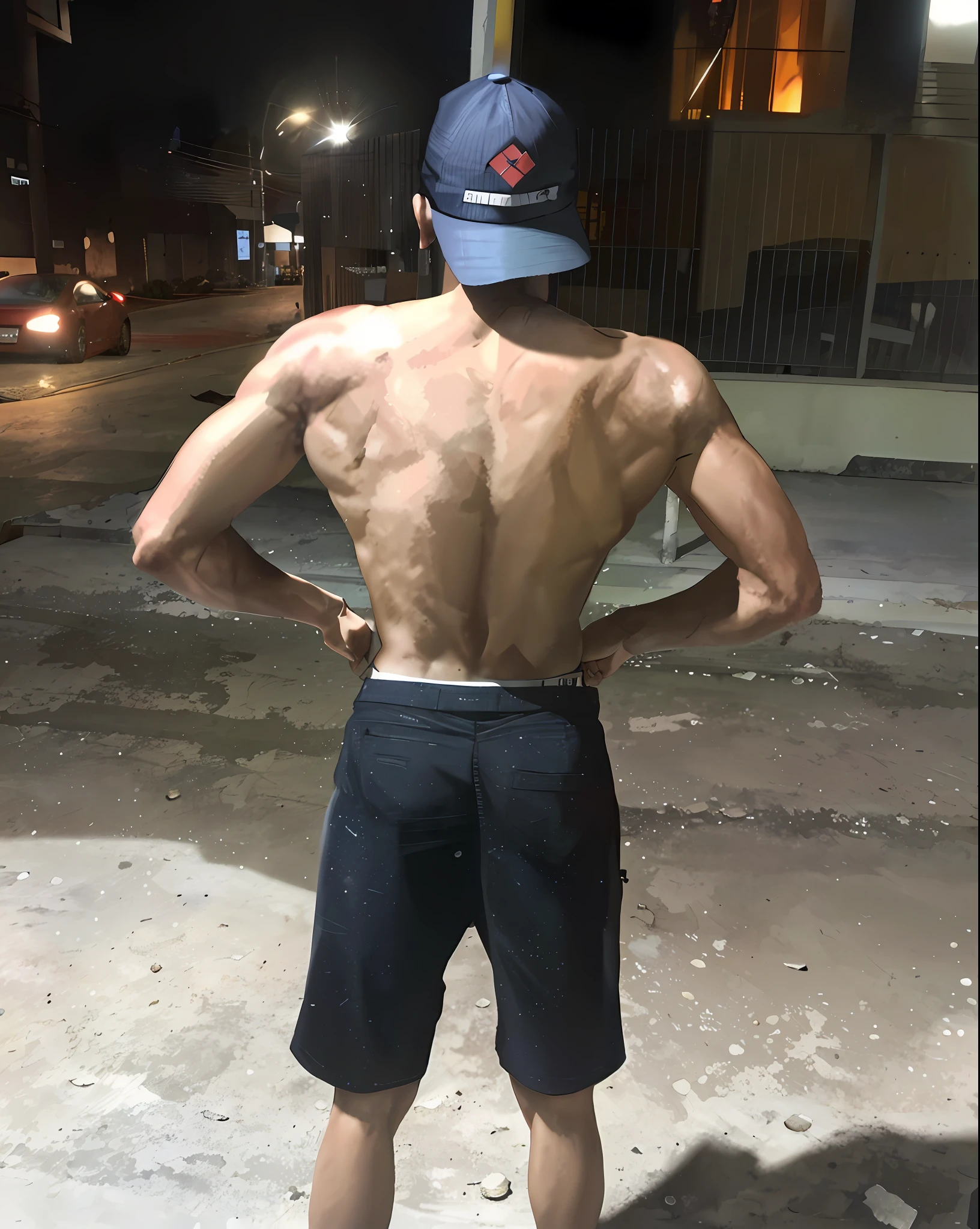 arafed man standing on a street corner with his back turned, full growth from the back, his back is turned, in full growth from the back, arms behind back, back pose, his arms are behind his back, fit pic, centered full body rear-shot, 2 2 years old, full body picture, 2 3 years old, with his back turned