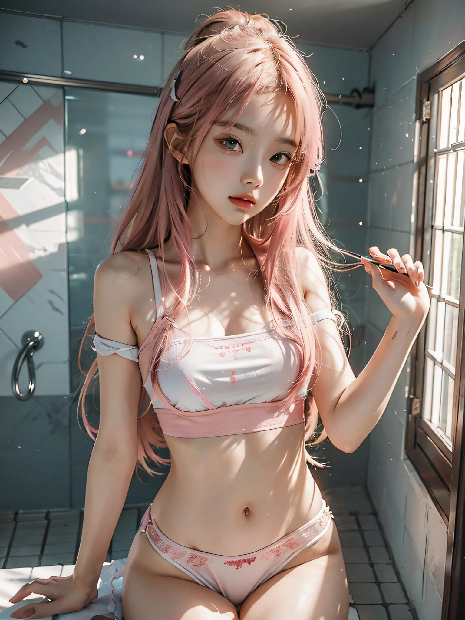 Upper body of a chinese girl, natural lighting, detailed feature, CG, global illumination,sexual pose, 4k, cinematic, full body, long white socks, random pose,high quality, best quality, 4k, 8k, single, showering, in bathroom, oversiezed cloth, cloth on, looking at viewer, clear feature, random strawberry logo on the cloth, pink long hair, pink hair