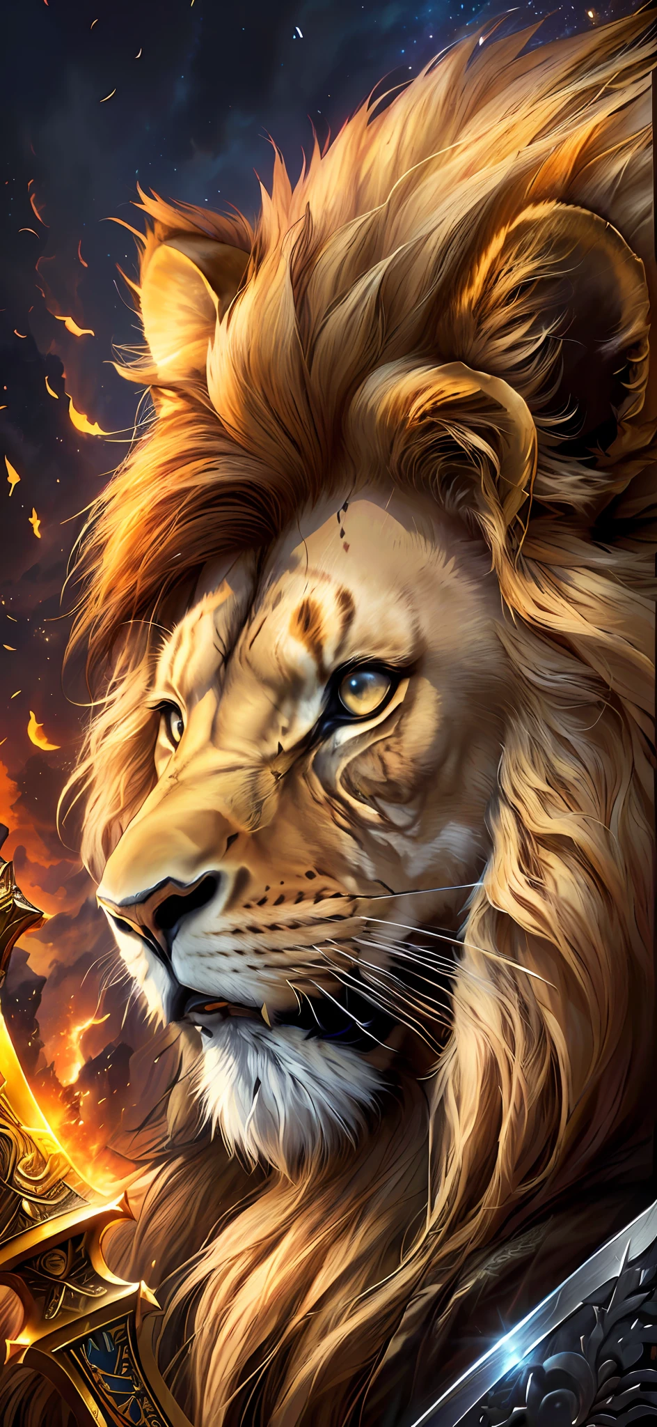 a close up of a lion with a sword and a sword, fire lion, lion warrior, half lion, aslan the lion, fierce expression 4k, lion head, with the mane of a lion, amazing wallpaper, lion's gate, roaring blue lion. majestic, detailed painting 4 k, third lion head, avatar image, lion's mane, by Galen Dara