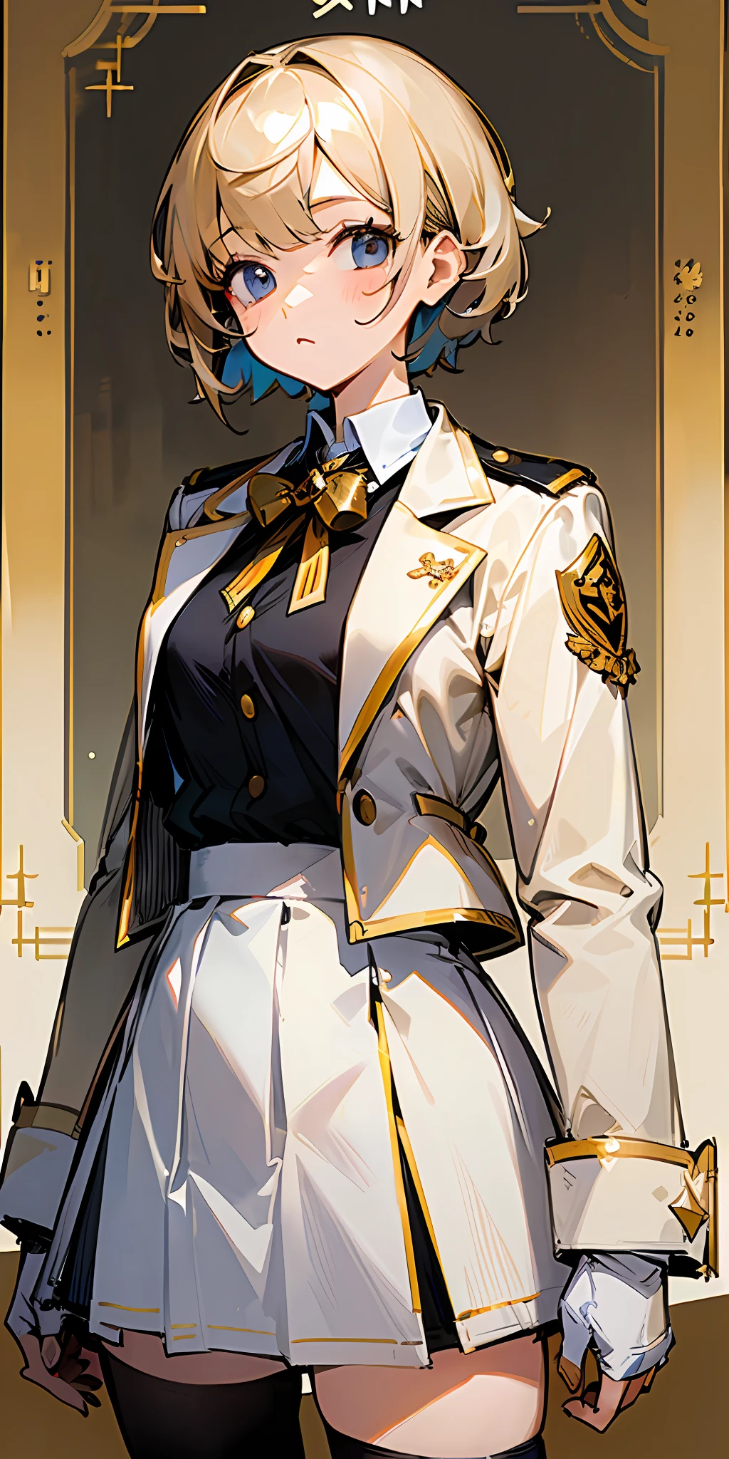 (masterpiece, better quality) ((character sheet)) 1 girl standing, short hair, tall, school uniform, white uniform with gold,