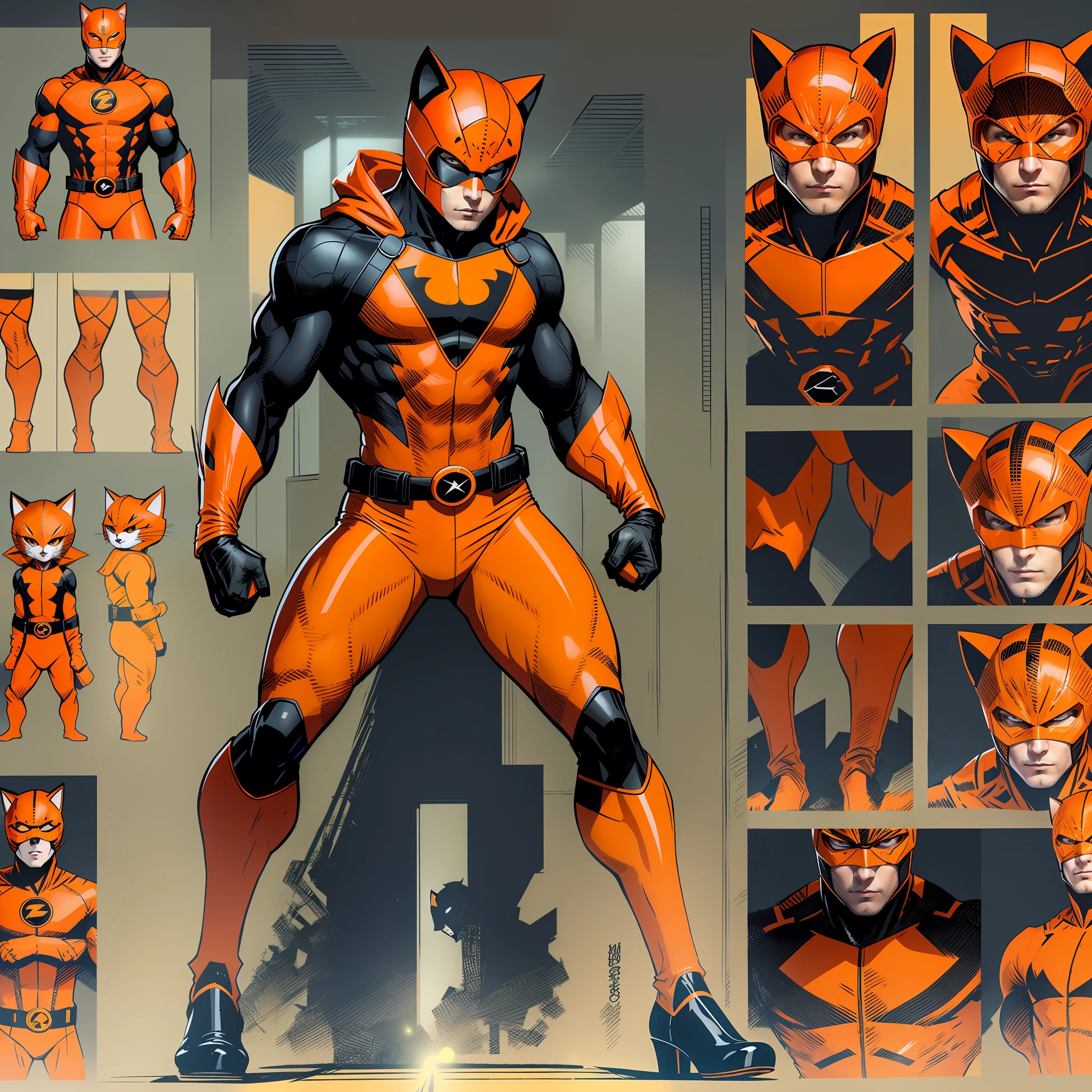 Beautiful man of 22 years, orange mask with feline ears,orange brusa,black long sleeves,orange gloves,black belt,orange and black pants,black shoe,Super Hero, full body character,T pose,Reference sheet