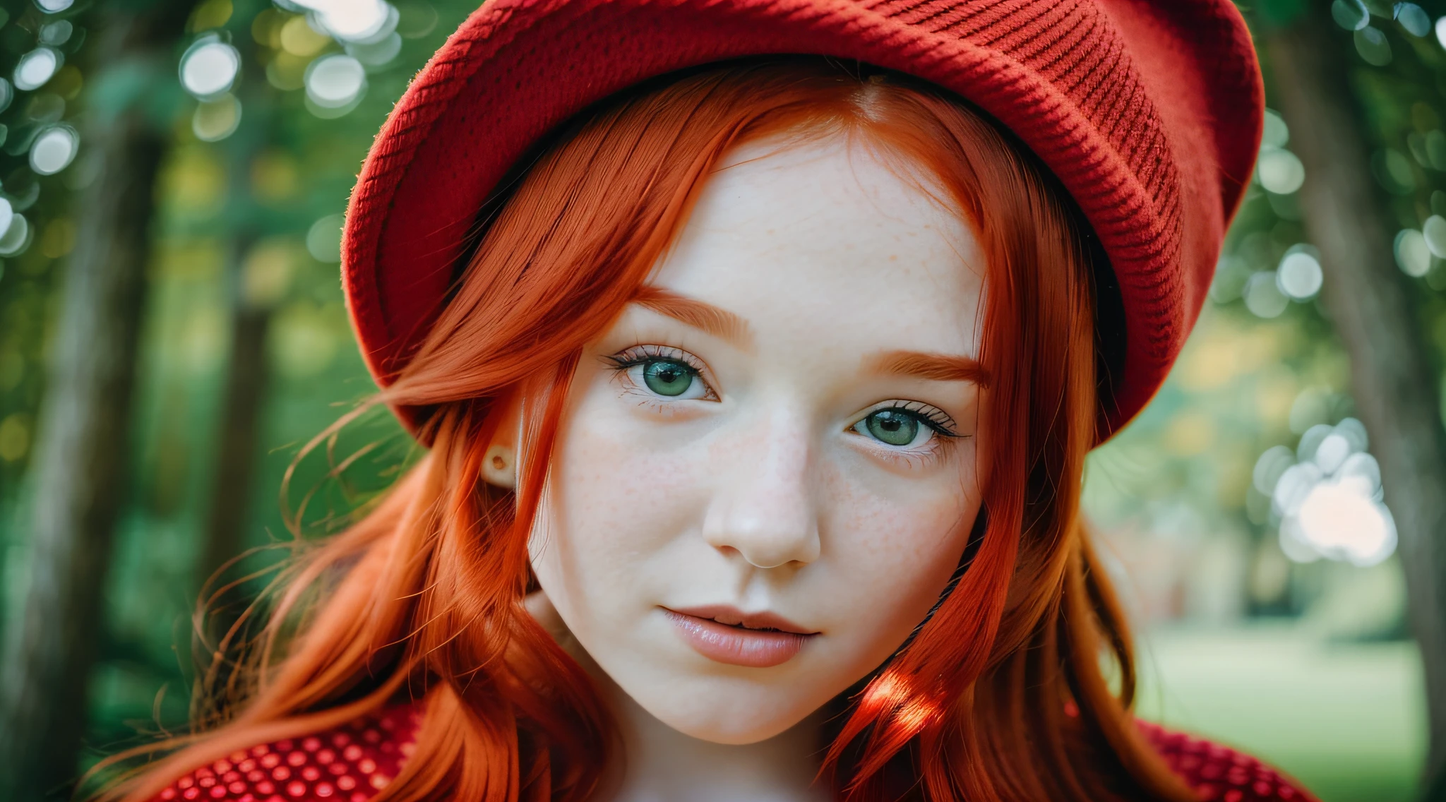 there is a woman with red hair wearing a red hat, red haired girl, redhead girl, cute young redhead girl, red hair girl, red cheeks, red cap, portrait of a red haired girl, red head, she is redhead, red hat, she has red hair, soft red hair, she has long redorange hair, with red hair, wearing a french beret
