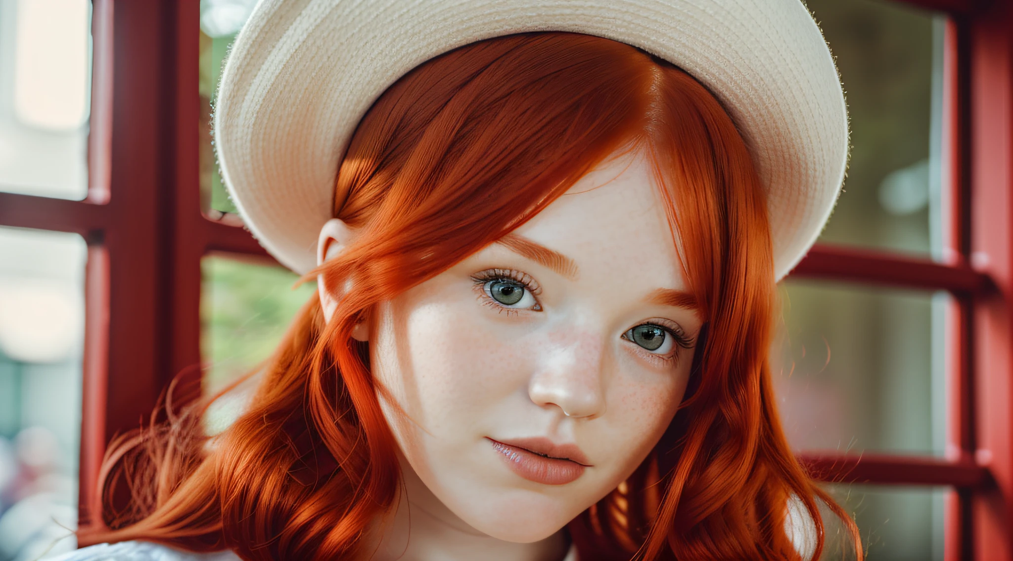 there is a woman with red hair wearing a red hat, red haired girl, redhead girl, cute young redhead girl, red hair girl, red cheeks, red cap, portrait of a red haired girl, red head, she is redhead, red hat, she has red hair, soft red hair, she has long redorange hair, with red hair, wearing a french beret