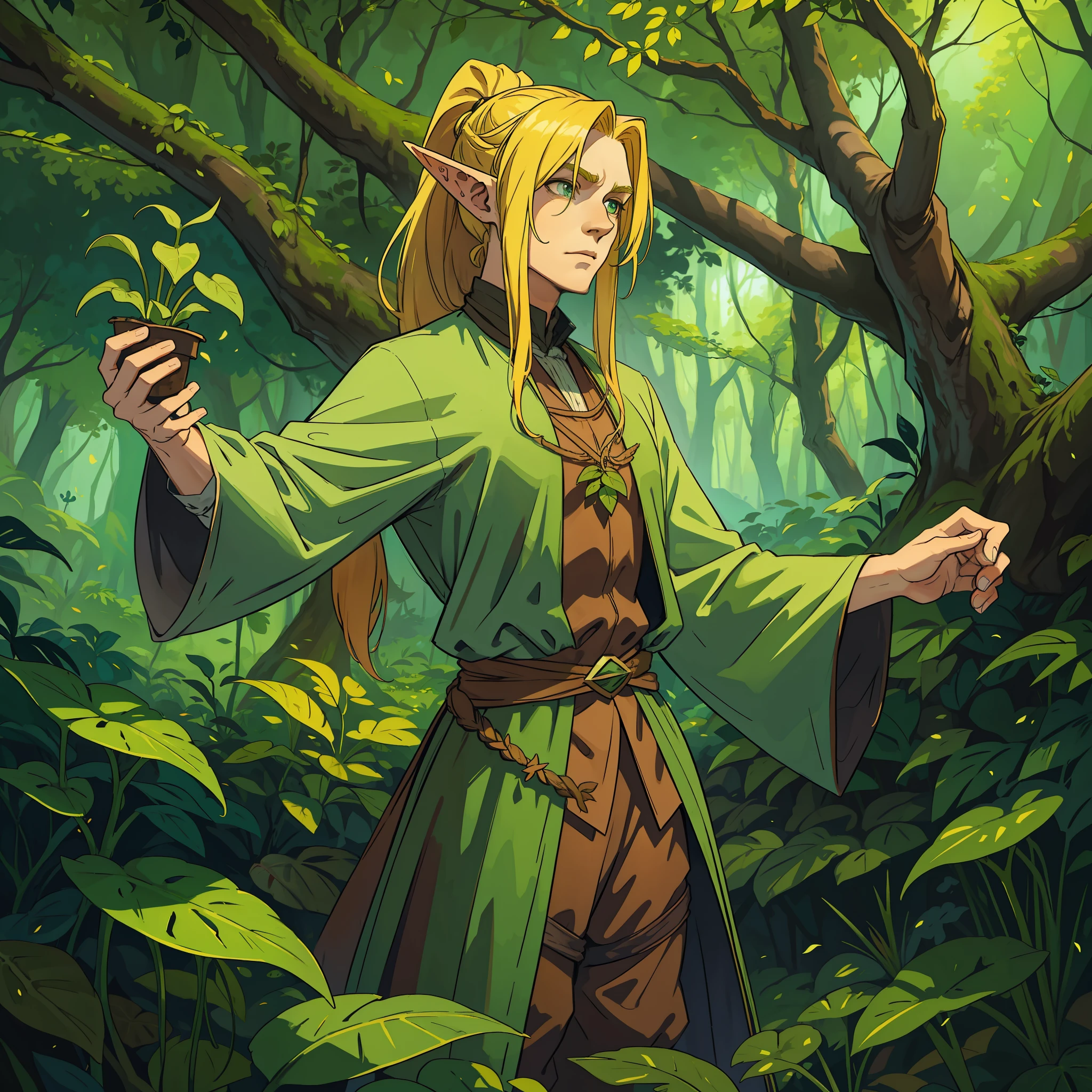 a monstrous carnivorous plant and a man with long blonde hair with hair tied ponytail style this man has Elf ears and wears simple medieval clothes a costume of a plant expert magical plant clothes this man stands next to a giant carnivorous plant in the middle of a magical forest
