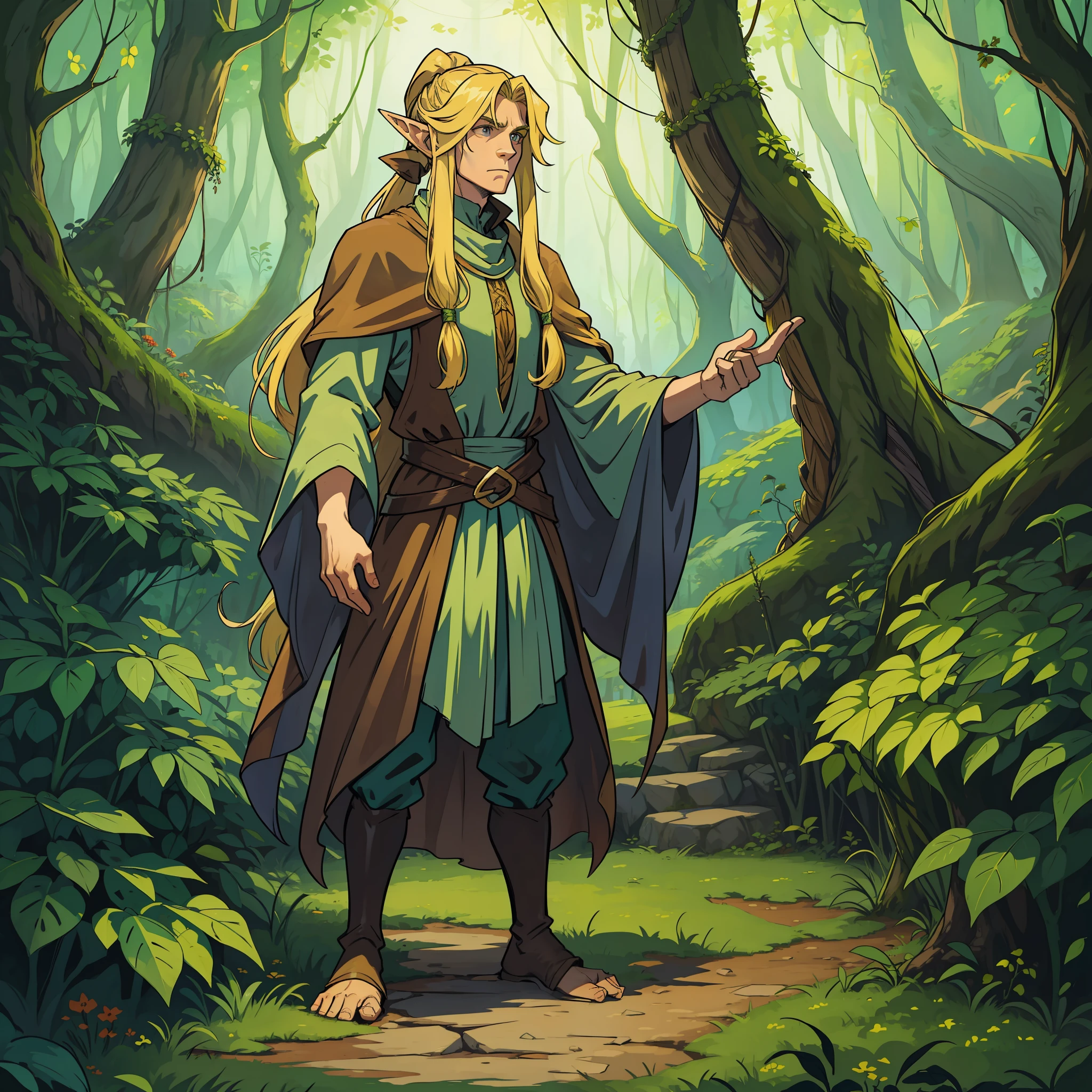 a monstrous carnivorous plant and a man with long blonde hair with hair tied ponytail style this man has Elf ears and wears simple medieval clothes a costume of a plant expert magical plant clothes this man stands next to a giant carnivorous plant in the middle of a magical forest