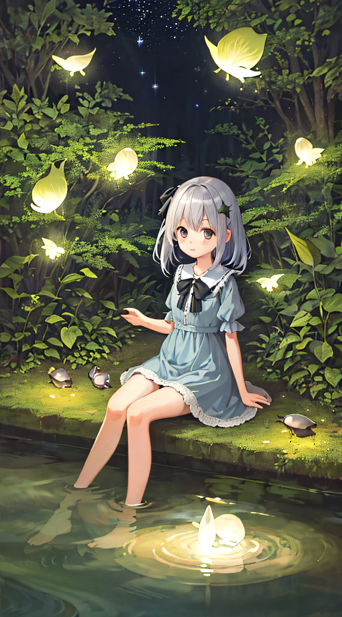 (high quality), (silver girl), in the forest, pond under the moonlight, fireflies, night, beautiful images, fine details, exquisite shadows,