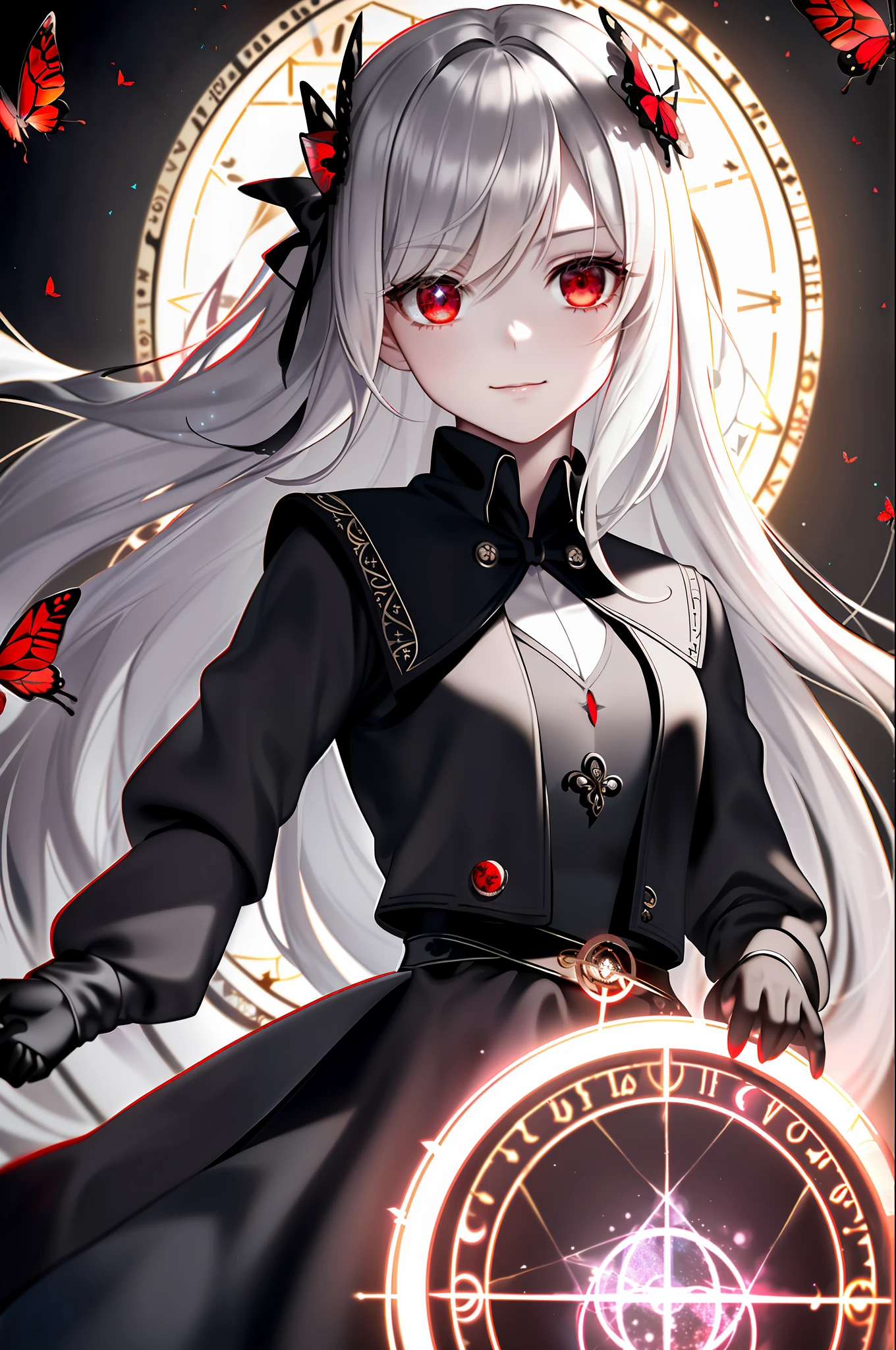 masterpiece, (best quality:1.1), (1girl), solo, cowboy shot, (finely detailed eyes and detailed face:1.3), (illustration:1.1), field of depth, (extremely fine and beautiful:1.1), (black trench coat + beautiful detailed black vest + white shirt:1.1 + black tie + black skirt + black flower on head + black gloves), (white_hair + medium_hair + wavy_hair), (red eyes:1.1),small_medium breasts, eyelashes, , pale skin, evil smile, beautiful detailed fallen small city + detailed ruin, many object, beautiful and clear background:1.2, renegade, evil, ((Red butterflies flying|around the character:1.3 + red light particles:1.15), ((perfect magic circle:1.3)), many object