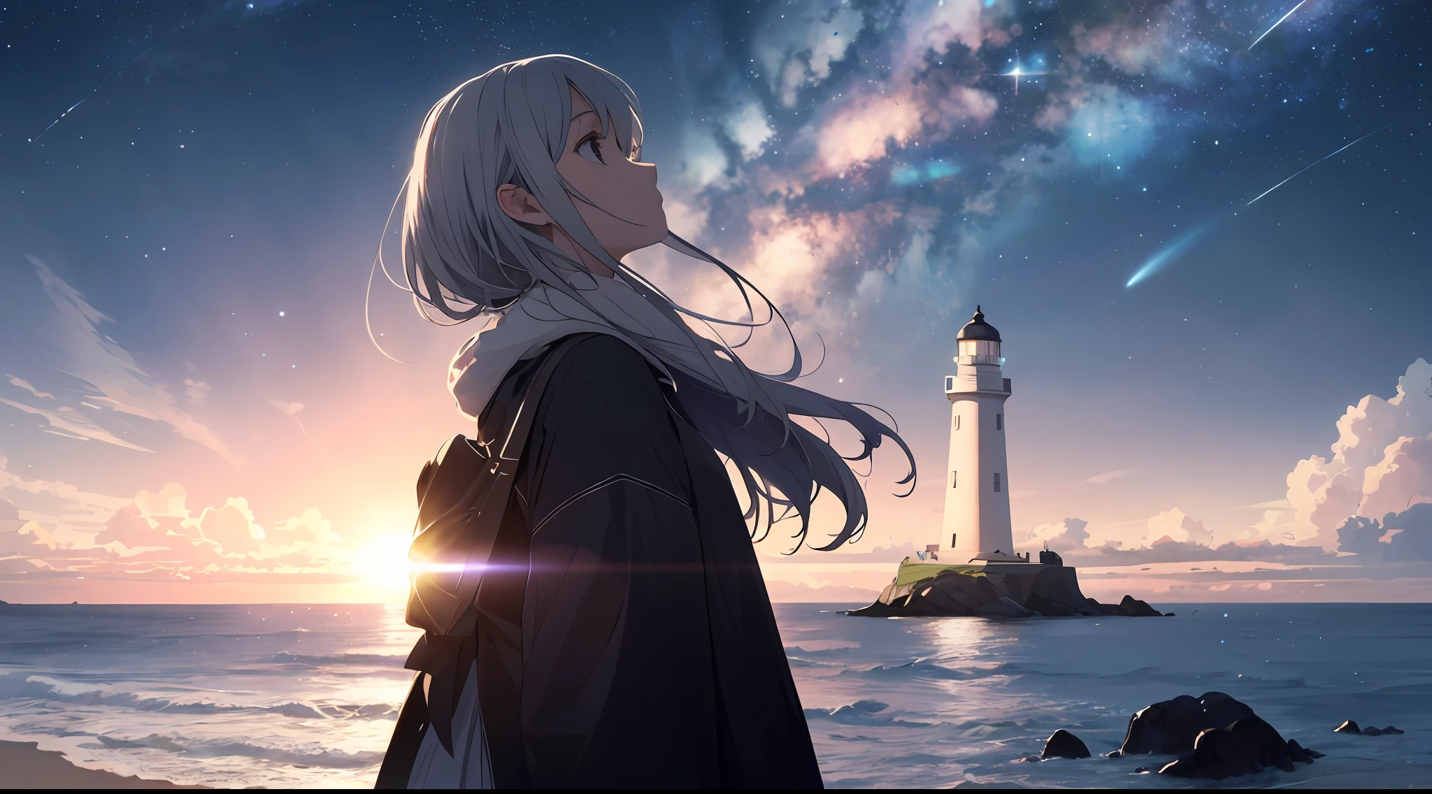(Best Quality: 1.5), (Super Detail: 1.5), (Best Quality Photo: 1.5), One white lighthouse standing on the cape, a small reef, the ocean as far as the eye can see, horizon, pitch black sea, full moon night, late night, scenic, beautiful landscape, galaxy, nebula, full of stars, light particles, very delicate and beautiful, very detailed, cinematic light, mysterious, cinematic angle, 8k resolution, elegant, perfect, smooth, Beautiful girl looking up to the heavens, very cute,