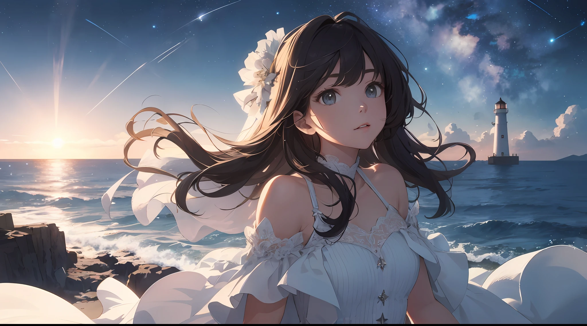 (Best Quality: 1.5), (Super Detail: 1.5), (Best Quality Photo: 1.5), One white lighthouse standing on the cape, a small reef, the ocean as far as the eye can see, horizon, pitch black sea, full moon night, late night, scenic, beautiful landscape, galaxy, nebula, full of stars, light particles, very delicate and beautiful, very detailed, cinematic light, mysterious, cinematic angle, 8k resolution, elegant, perfect, smooth, Beautiful girl looking up to the heavens, very cute,