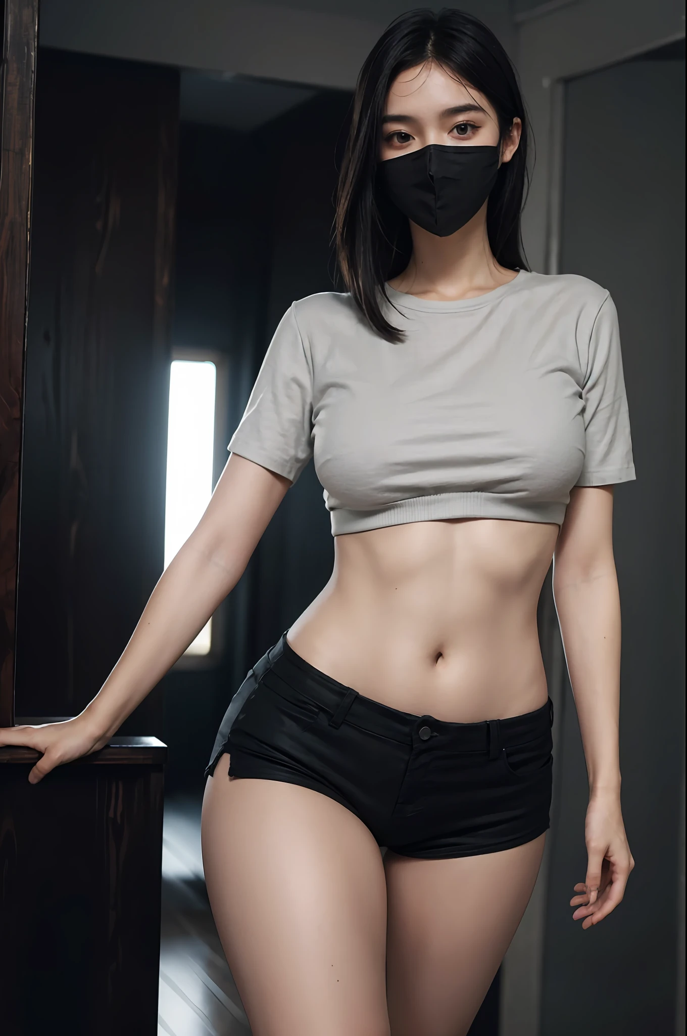 best quality, masterpiece, highres,8k,(photorealistic:1.4),ultra hight res,1girl, Ultra Detailed, Surreal, Highly Detailed CG Illustration, Official Art, Cinematic Light, Realistic, A Young Beautiful Girl, Perfect Figure, perfect body, full view, perfect body, from below, wearing mask, pose, sexy long legs, confident, beautiful sexy, gray short sleeves, open belly, black super shorts, S-shaped body, Upturned buttocks