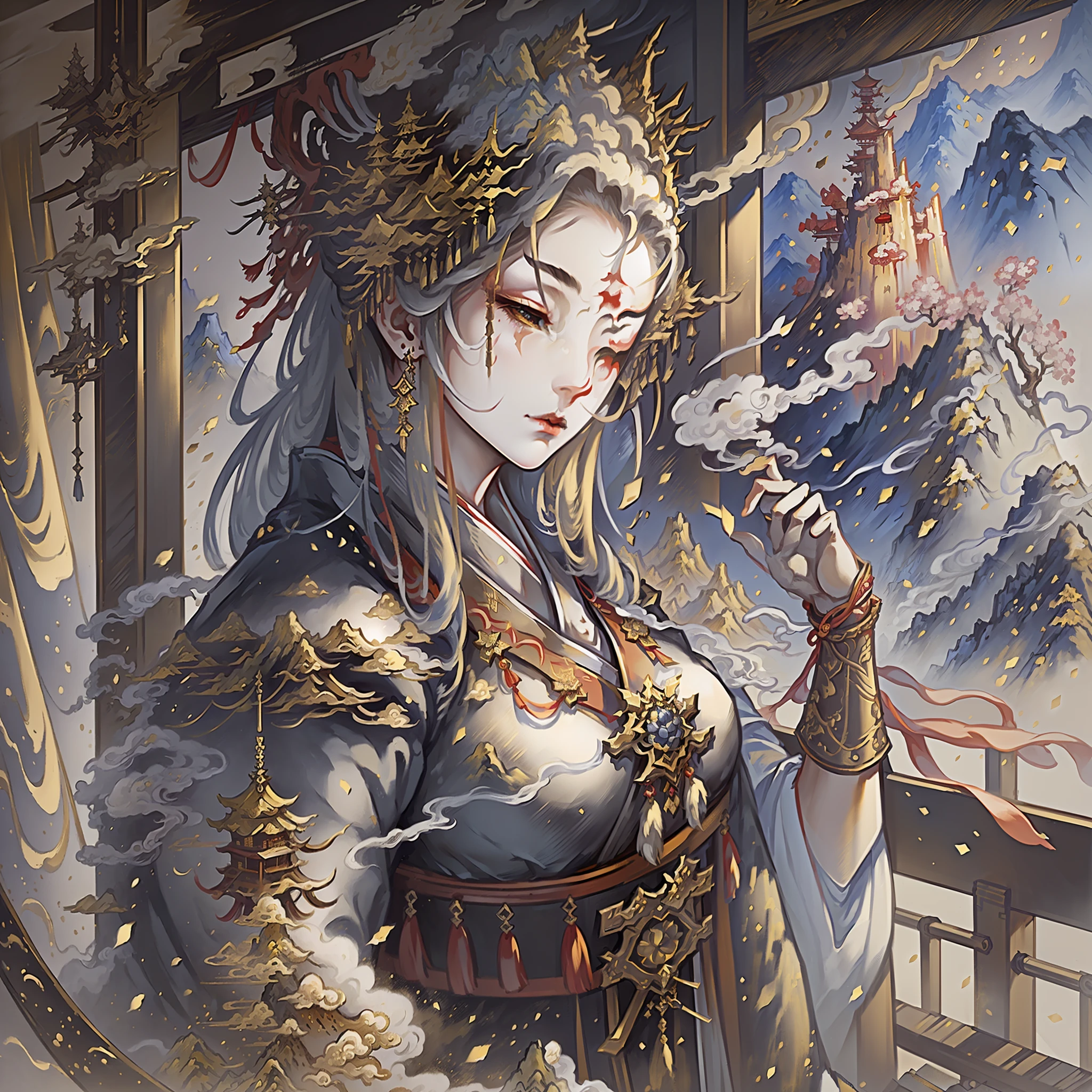 (Overlooking, masterpiece, traditional Japan painting, battlefield, warrior, bright light source, wearing traditional Japan armor, mystical atmosphere, sublime beauty, majestic feeling, rough feeling, mountains and cliffs, smoke and light lines, jingshen, gold leaf, vivid traditional paint, solemn touch: 1.3) --auto --s2