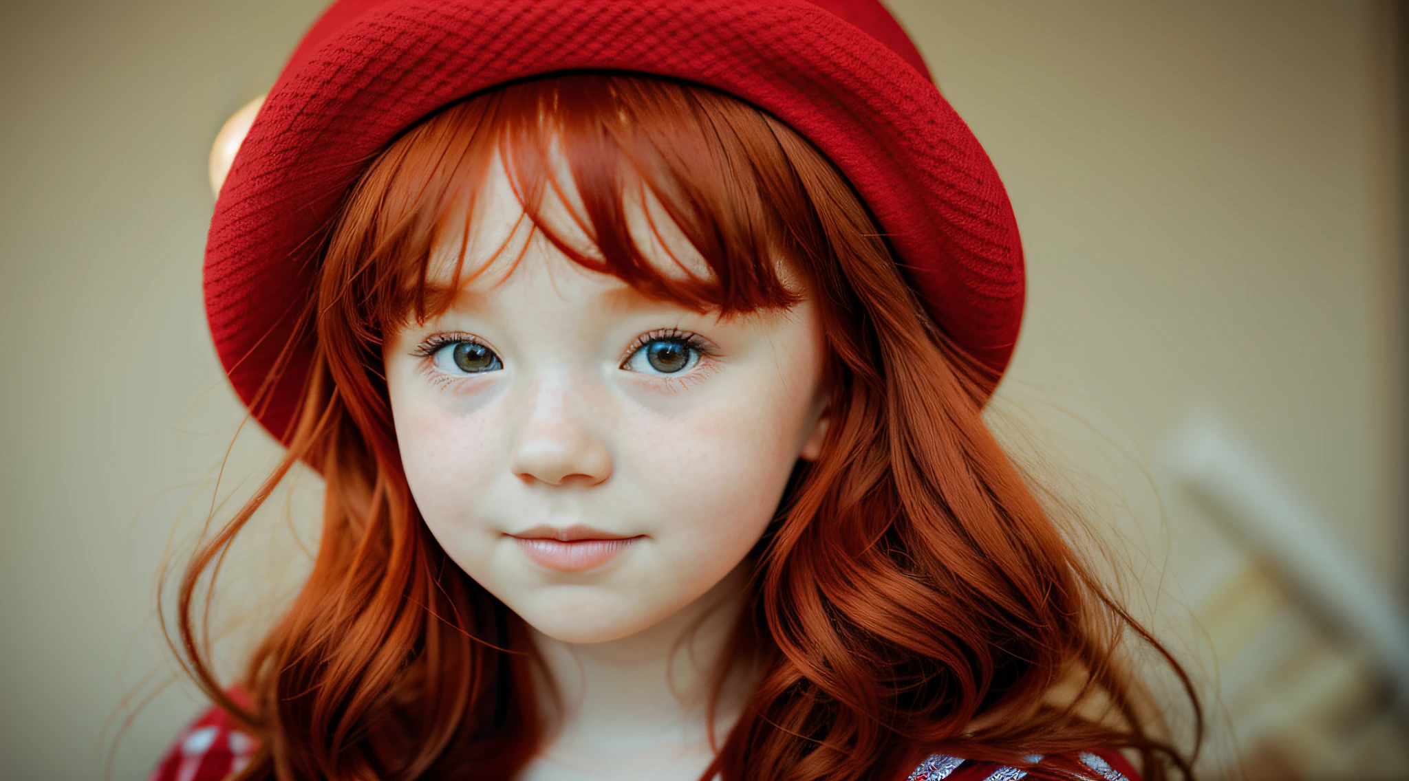 There is a girl with red hair wearing a red hat, red haired girl, red-haired girl, cute red-haired girl, red haired girl, red cheeks, red cap, portrait of a girl with red hair, red head, she is redhead, red hat, she has red hair, soft red hair, she has long redorange hair, with red hair, wearing a French beret