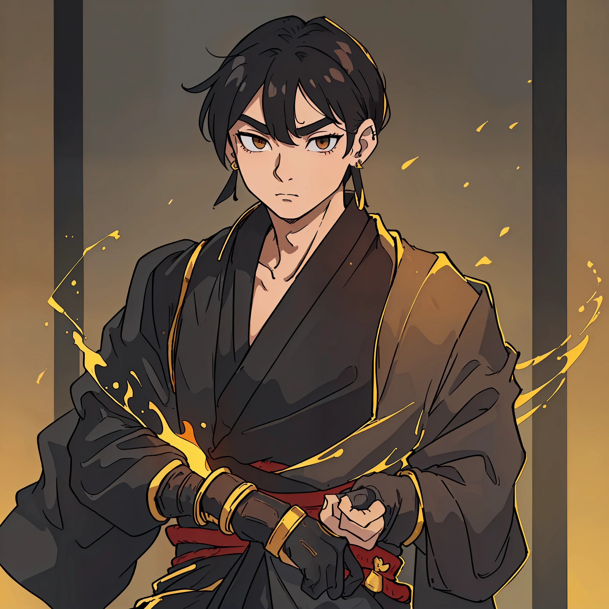 (25 years,man:1.2,monk:1.1,samurai:1.1,black hair:1.2,golden eyes:1.3,earrings,cerio/closed:1.5,black robe clothing:1.3),sitting in meditation position,view from above,soft, detailed, gold and red lighting, traditional Japanese wallpaper background.