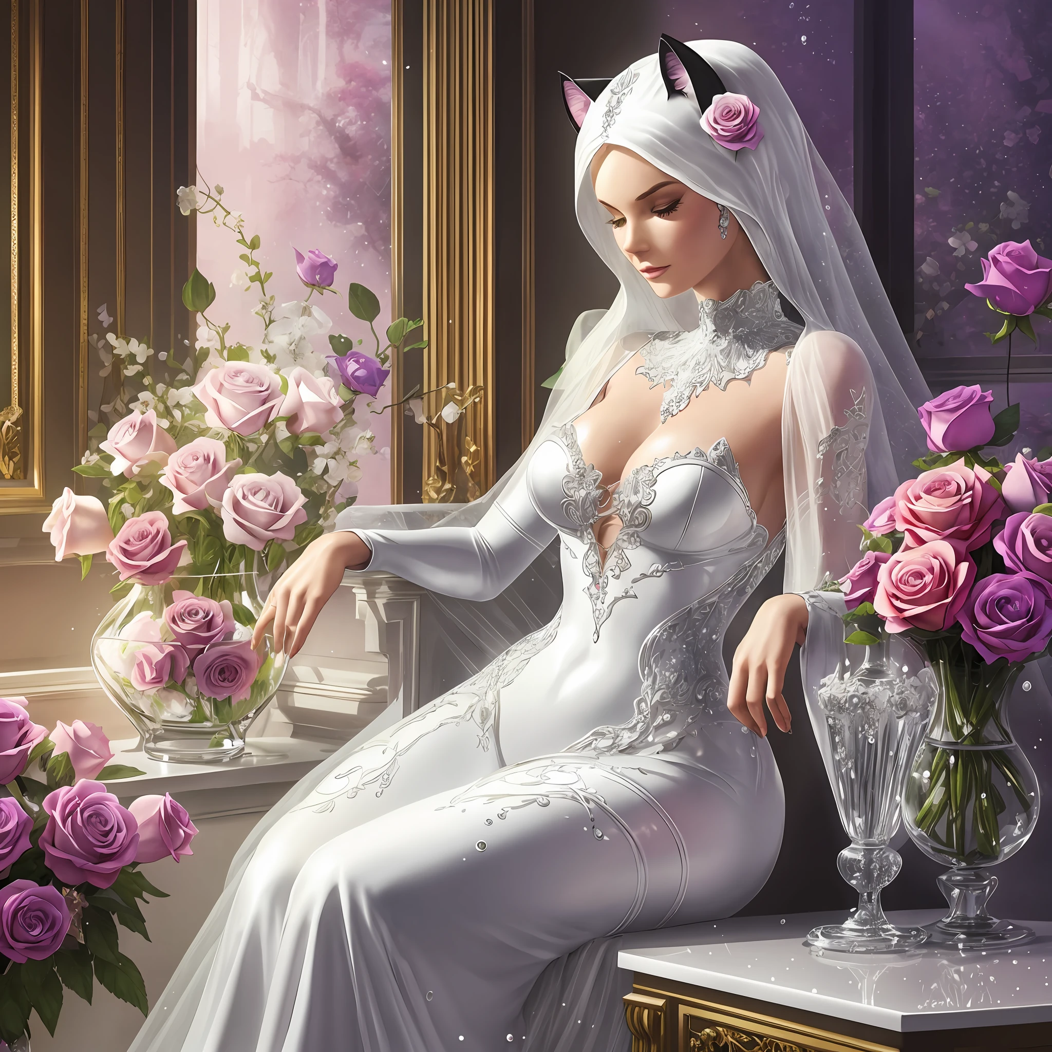 White Catwoman is resting in front of a shining crystal glass vase with fractal roses on it. The vase is surrounded by drops of liquid colorful splashing in the air. The art was inspired by Hedi Xandt, a zbrush central contest winner. It is baroque, colorful, and ornate. The vase is made of crystal glass and is decorated with fractal roses. The roses are colorful and are splashing in the air. White Catwoman is cute and is resting in front of the vase.