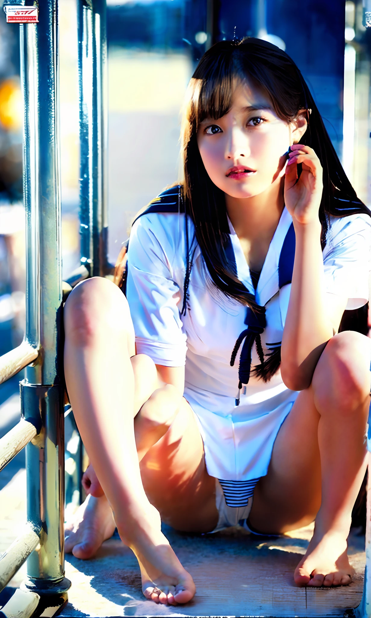 ulzzang-6500-v1.1, (Raw photo:1.2), (Photorealistic:1.4), Beautiful detailed girl, Very detailed eyes and face, Beautiful detailed eyes, Ridiculous, Incredibly ridiculous, Huge file size, Ultra detailed, High Definition, Very detailed, Best quality, Masterpiece, Kemomimi, ((Japan Girls' High School Uniform)), Illustration, Very detailed, CG, Unification, 8k wallpaper, fantastic, fine detail, masterpiece, best quality, highly detailed cg uniform 8k wallpaper, light on face, movie lighting,  girl, (without panties)), ((dynamic pose))), (camel toe), (half), (bare feet), (legs sitting with legs open and knees bent))