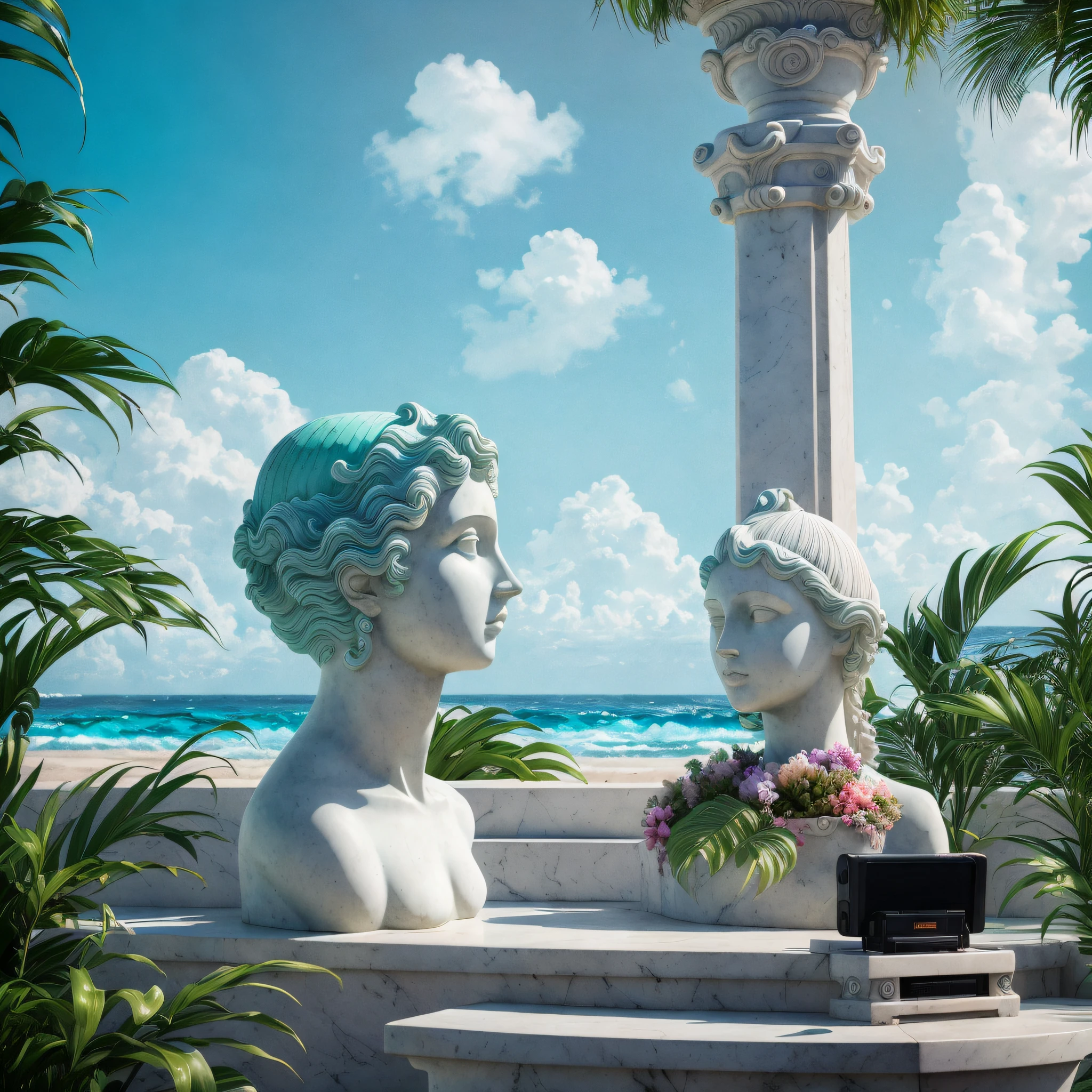 there are two statues of women sitting on a bench near the ocean, baroque vaporwave statue, vaporwave artwork composition, vaporwave style masterpiece, surreal 3 d render, vaporwave art, vaporwave surreal ocean, inspired by Mike Winkelmann, vaporwave nostalgia, vaporwave style, vaporwave wallpaper environment, on a marble pedestal